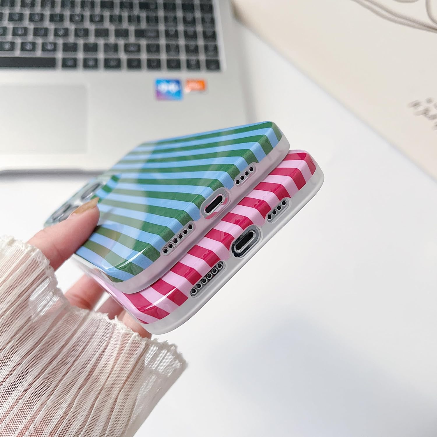 Thumbnail 3 de Finyosee iPhone 15 Pro Max Case, Green Striped TPU with Raised Edges