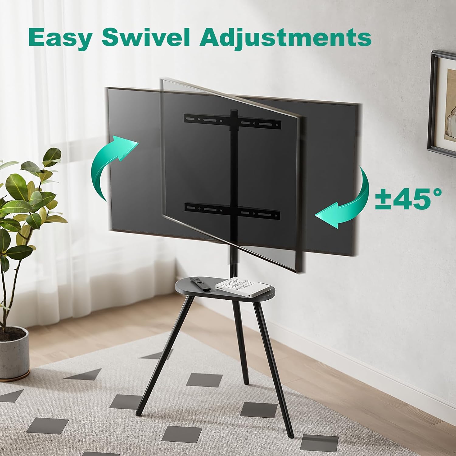 Thumbnail 2 de ECOTINY Metal Leg Tripod TV Stand for 43–65 Inch TVs with Wood Shelf, Height Adjustable Swivel, Black