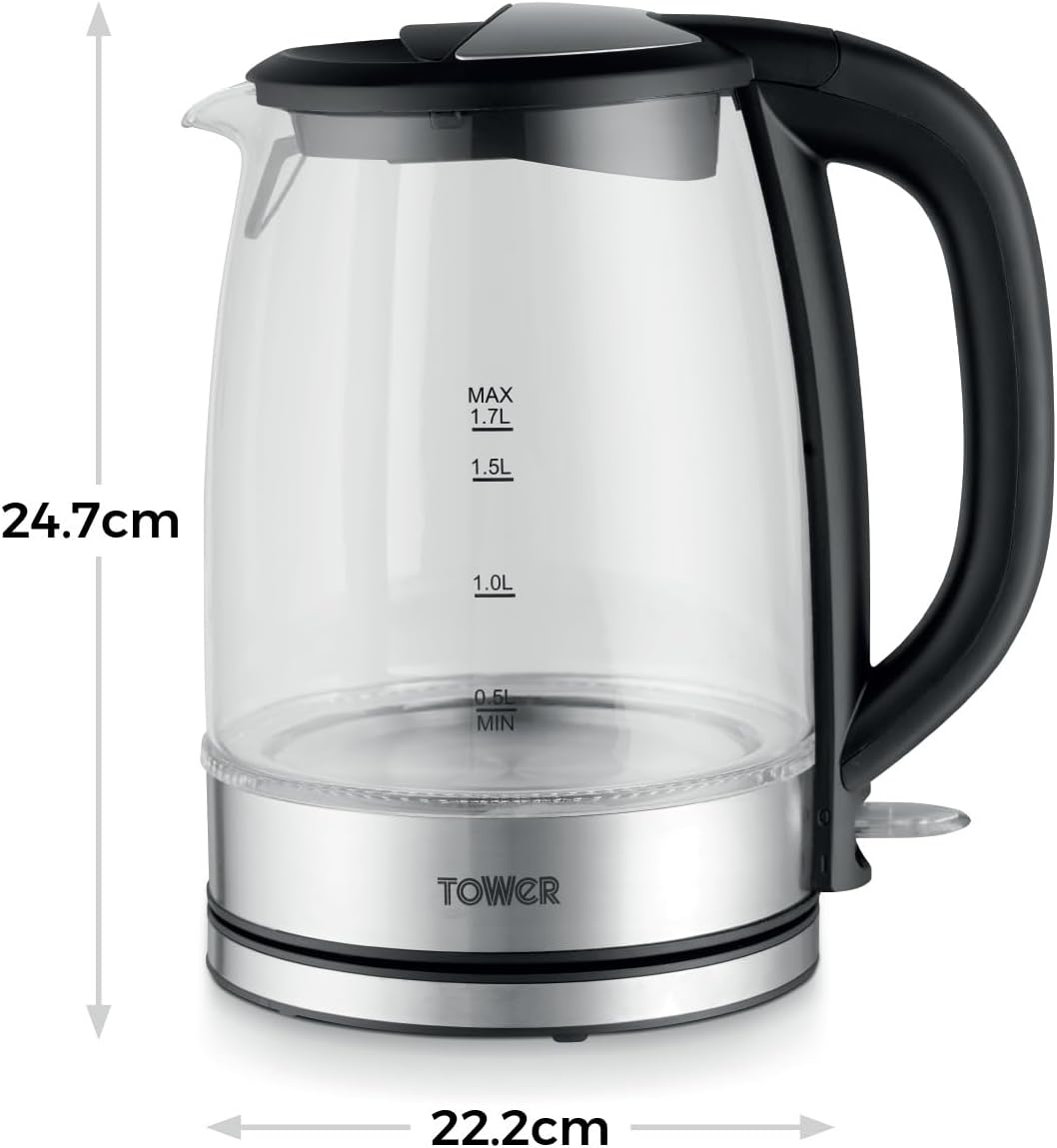 Thumbnail 5 de Tower PT10090BLK Illuminating Glass Kettle (1.7L, 2200W) with Removable Filter & Boil Dry Protection