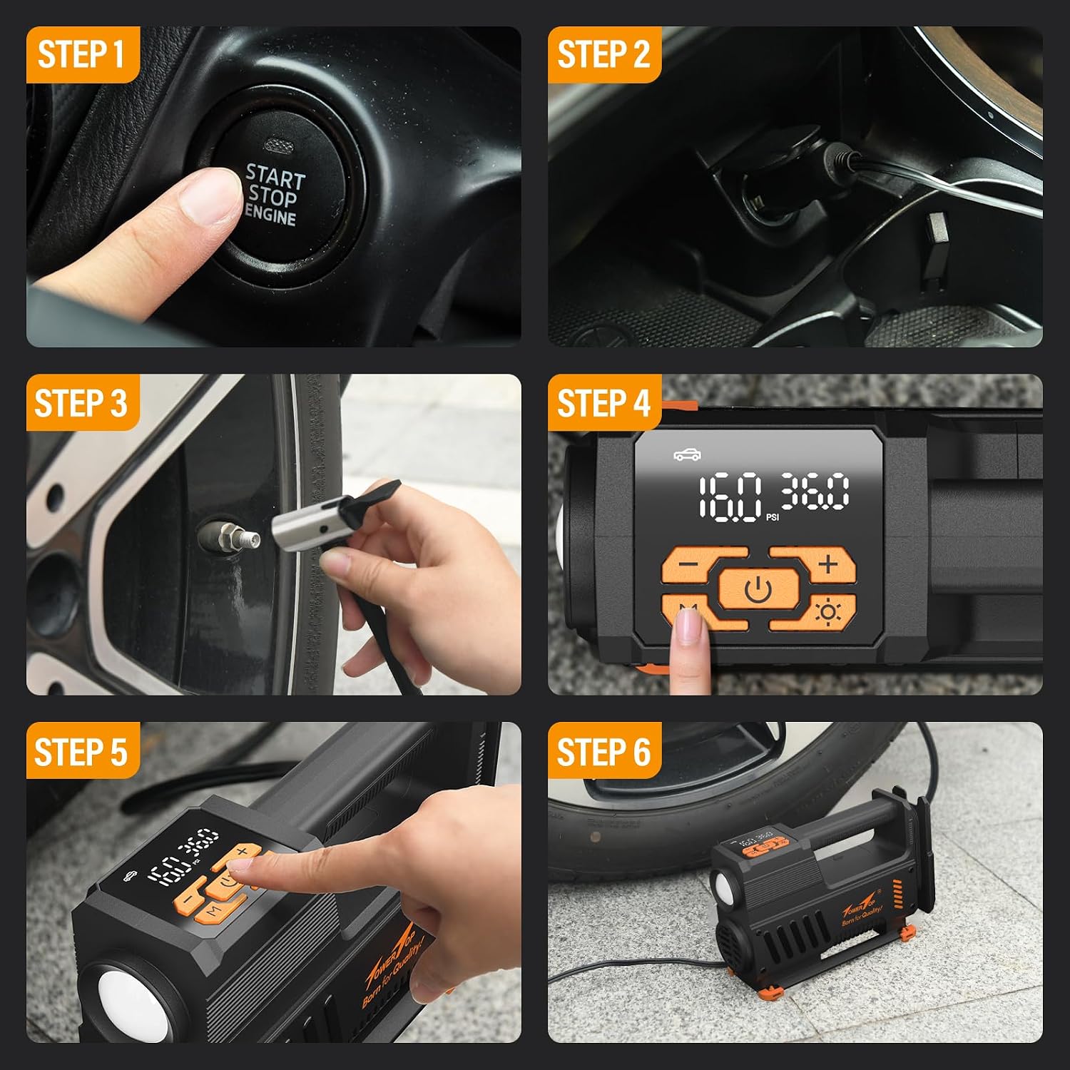 Thumbnail 6 de TowerTop Tyre Inflator Air Compressor: 5X Faster, 12V Car Tyre Pump with Auto-Stop, LED Torch and Memory