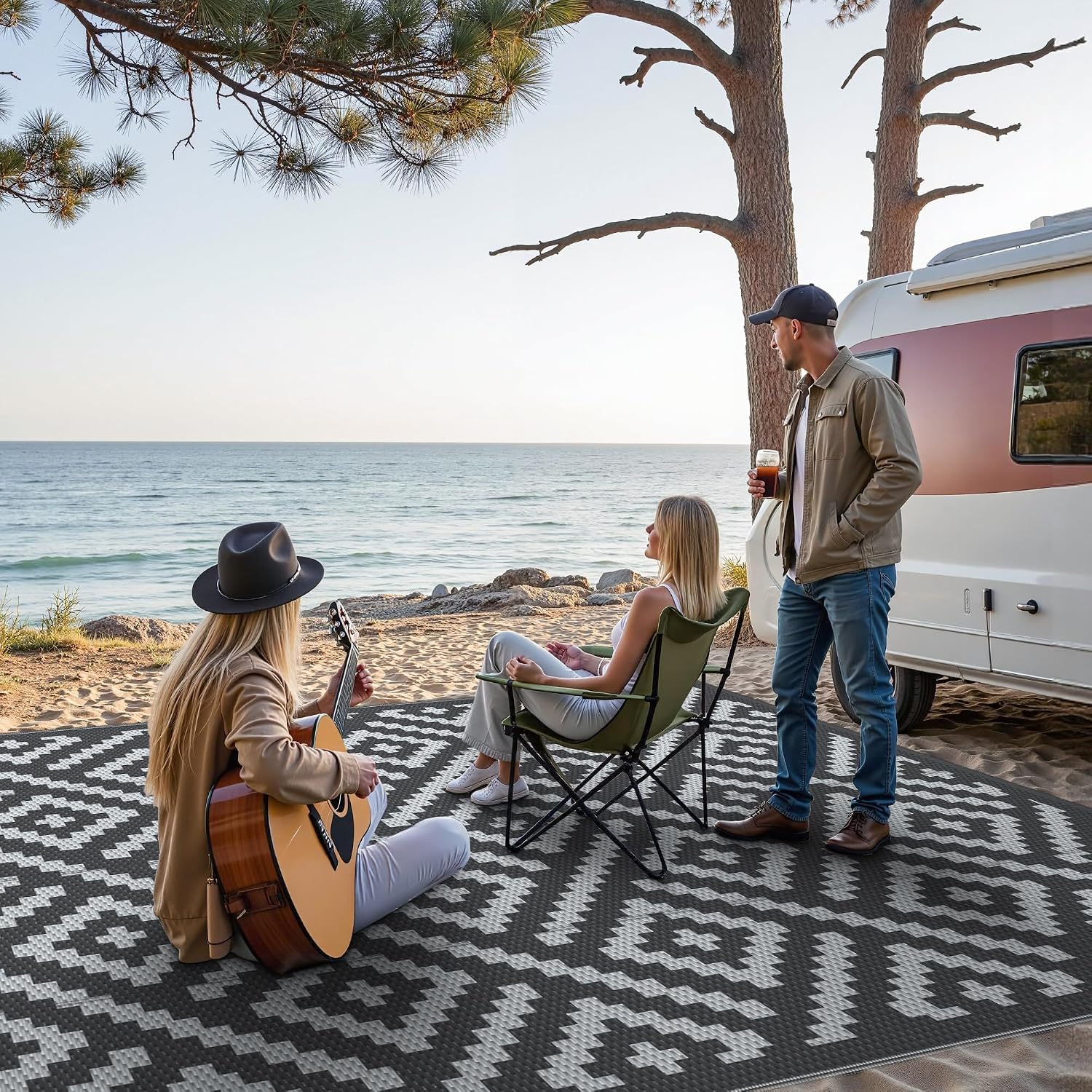 Thumbnail 2 de GENIMO Plastic Straw Rug Outdoor Area Rug, 9' x 12', Reversible Black and Gray