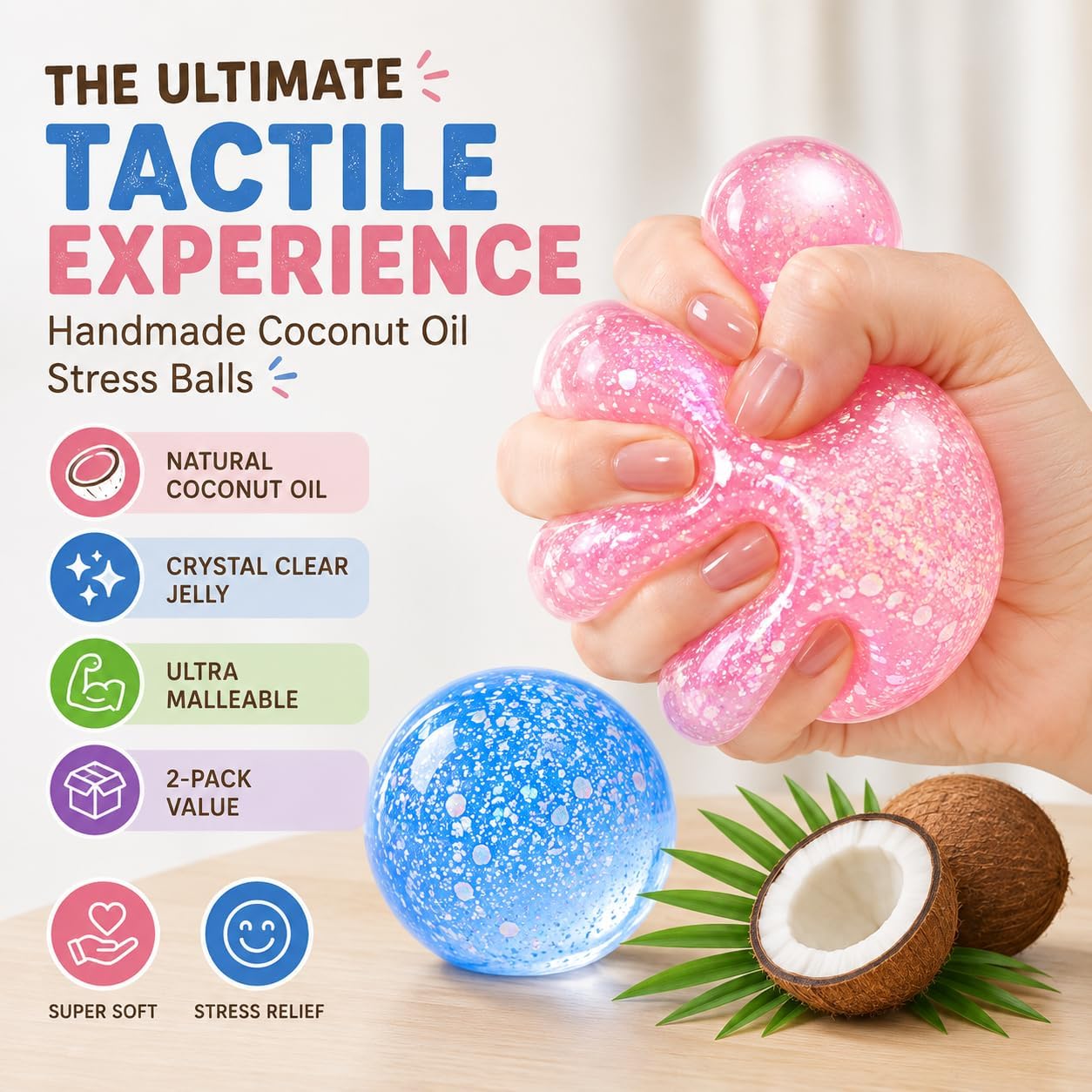 Detalle 2 de HFZCZW Coconut Oil Squishy Fidget Stress Ball, Glitter, No-Rebound