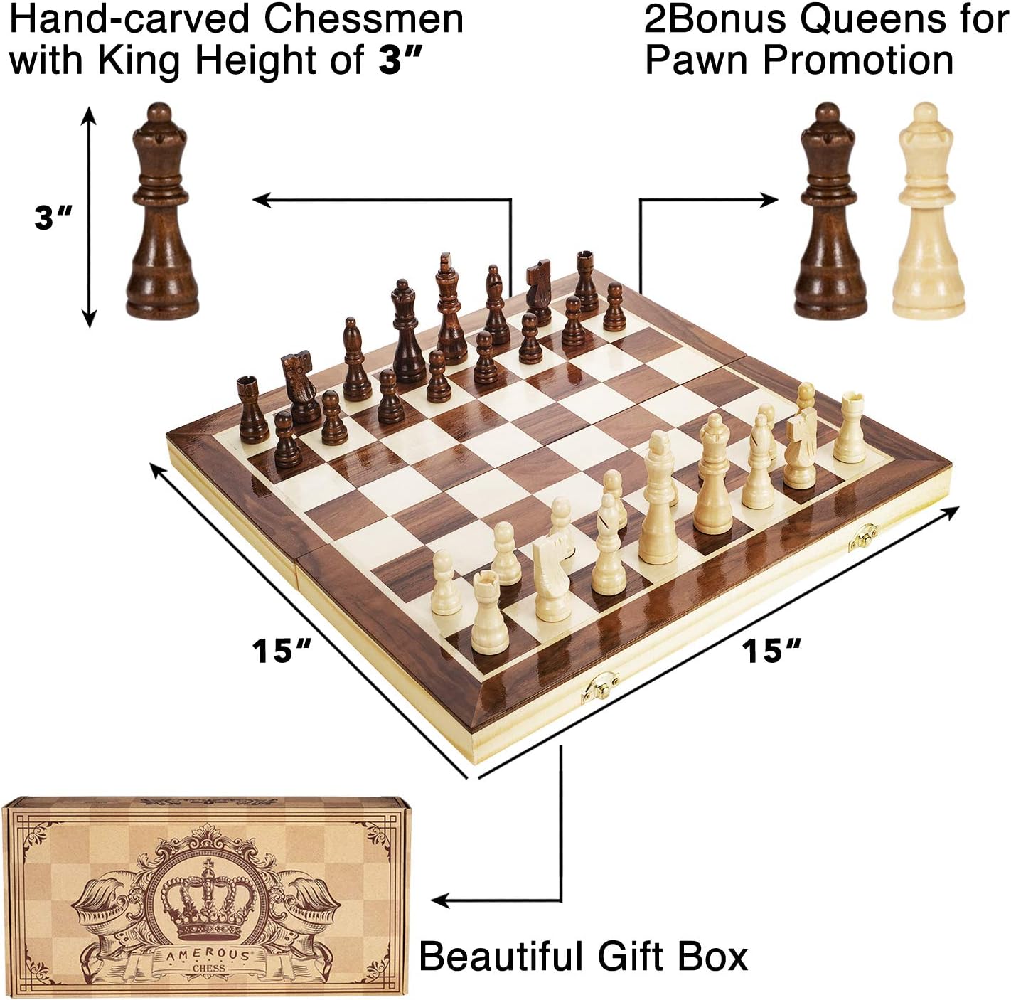 Thumbnail 2 de AMEROUS 15 Inches Magnetic Wooden Chess Set 🎲