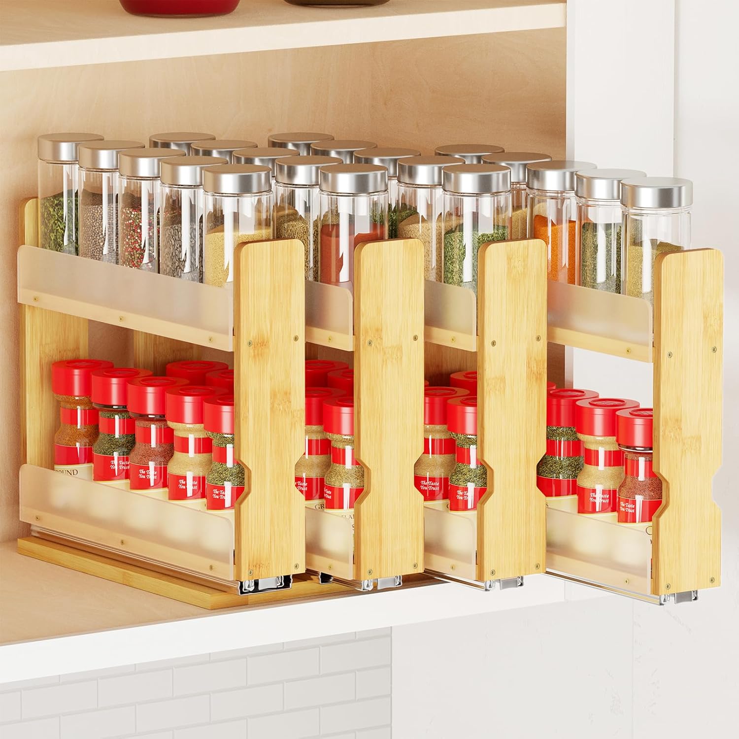 Detalle de SpaceAid Bamboo Pull Out Spice Rack Organizer (4 Drawers, 2-Tier) — 10.1" Wide