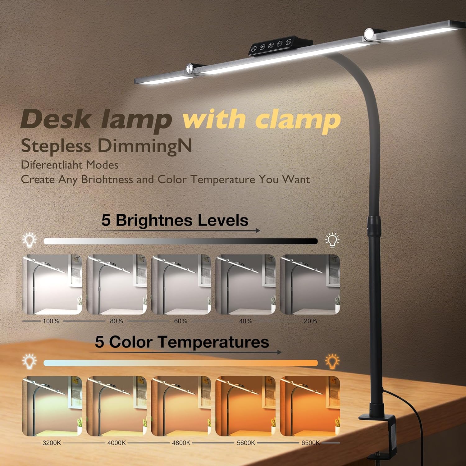 Thumbnail 4 de Overcomo LED Desk Lamp with Clamp — versatile multi-bar table light for home office