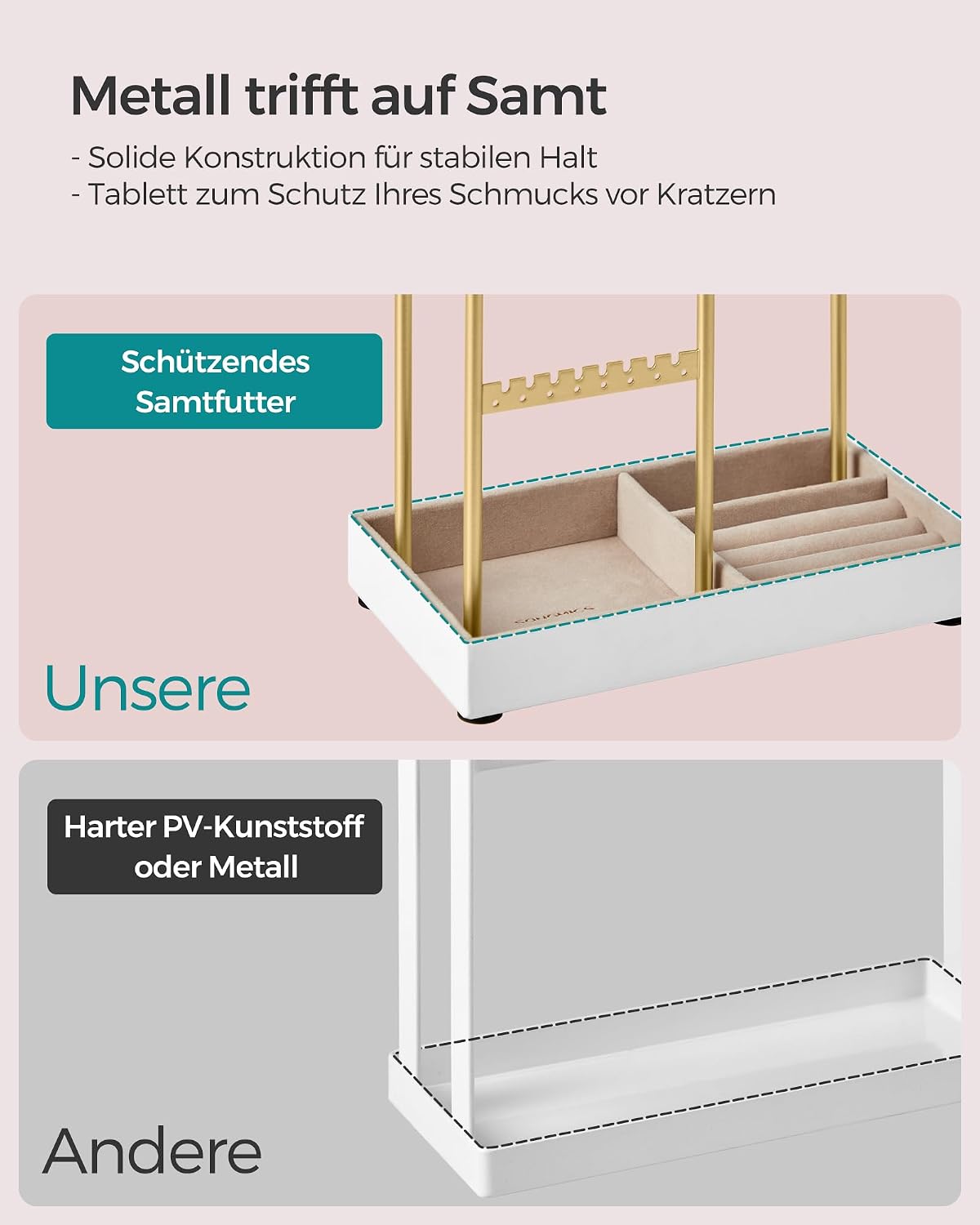 Detalle de SONGMICS Schmuckständer JJS021A01 mit Samtboden und Metallrahmen – für Ketten, Armbänder, Ohrringe & Ringe in goldfarben