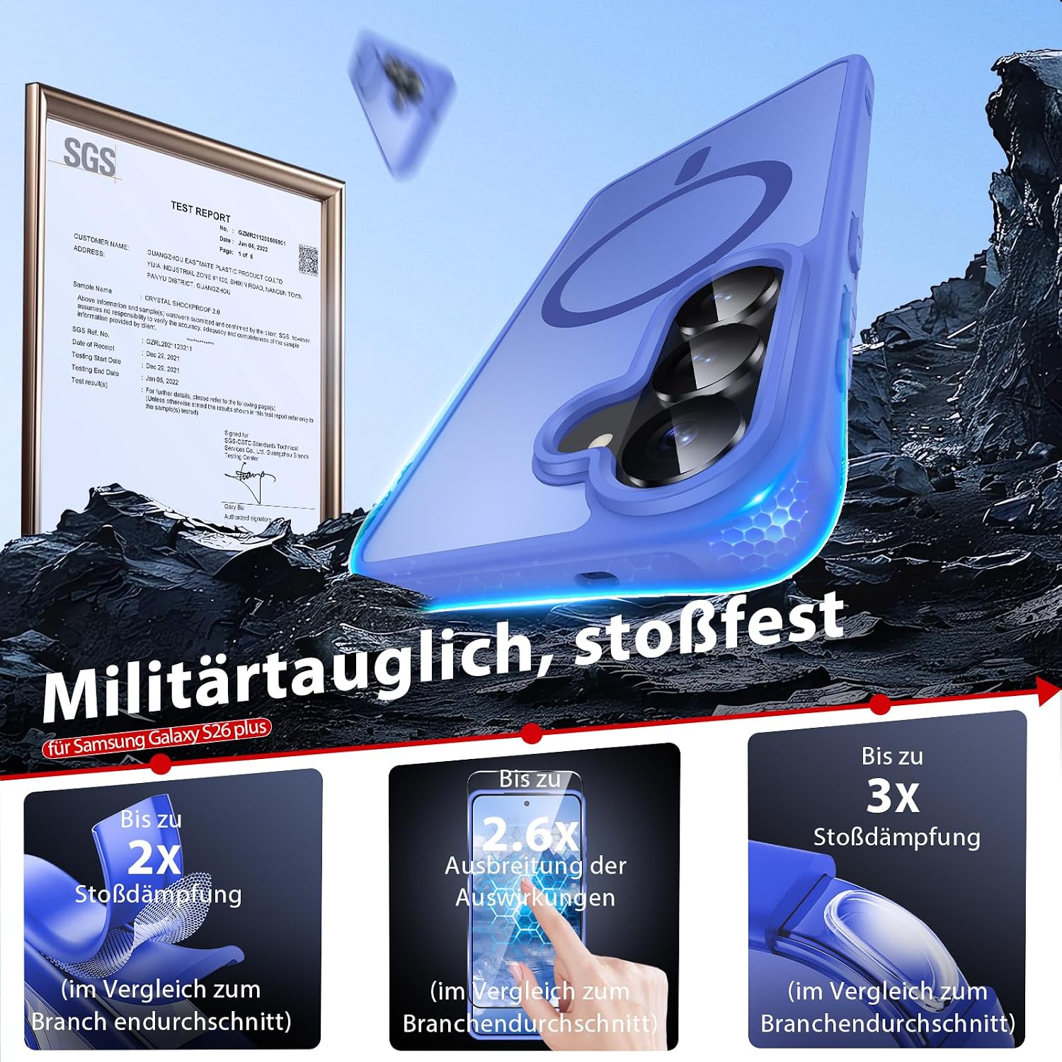 Detalle 2 de Dizn Magnetisch Slim-Hülle für Samsung Galaxy S26+ mit MagSafe, 2 Panzerglas-Folien, Linsenschutz & Handschlaufe – Himmelblau