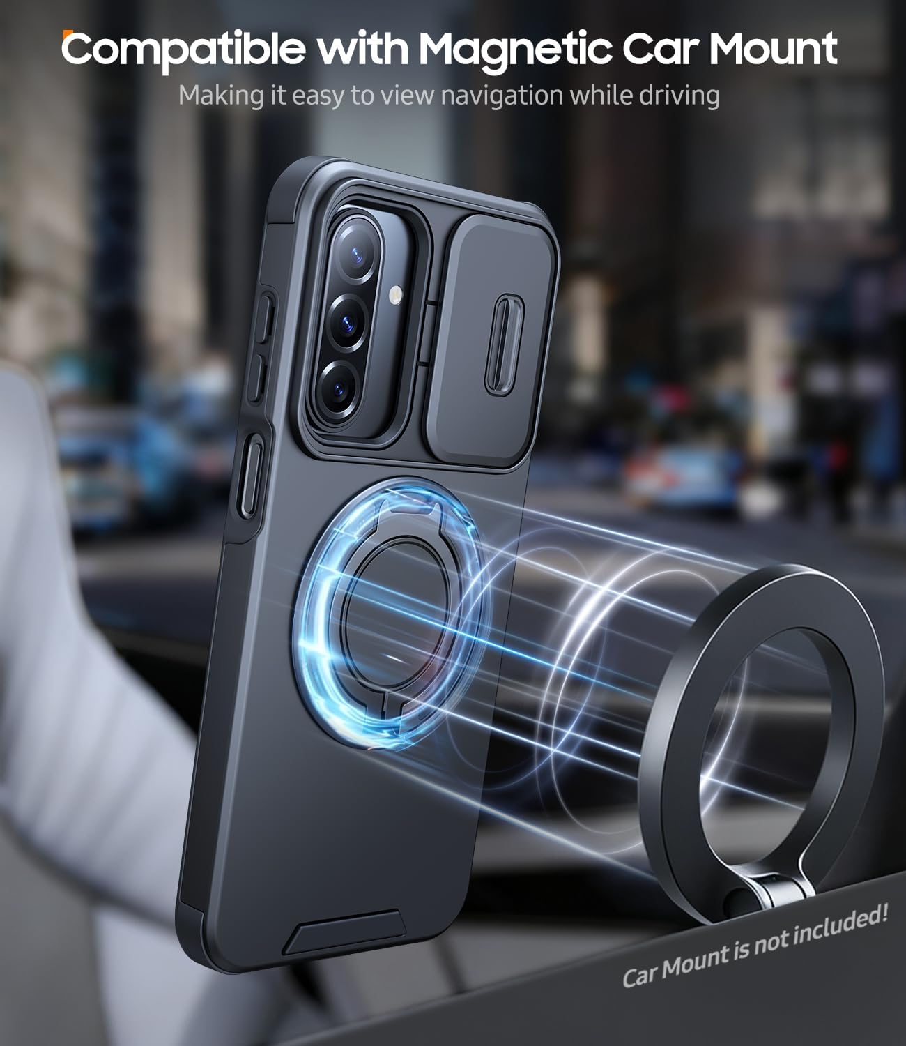 Thumbnail 3 de JAME Galaxy A16/A17 Case with 360° Ring Stand, Slide Camera Cover, Magnetic Plates & 2-Pack Tempered Glass Protectors (Black)