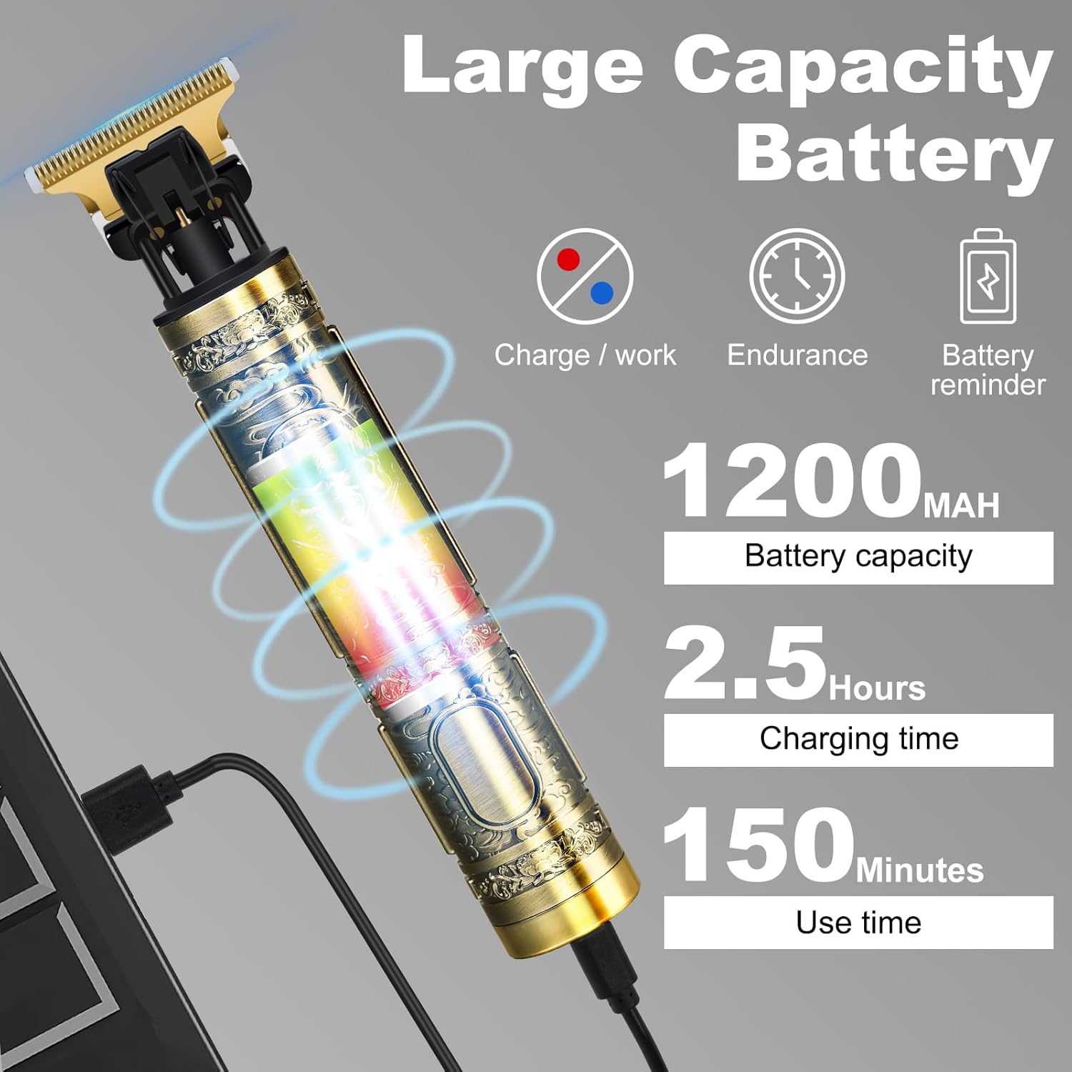 Thumbnail 4 de Hair Clippers for Men – Rechargeable Beard Trimmer Kit with T-Blade, 4 Guard Combs and USB Type-C Charging