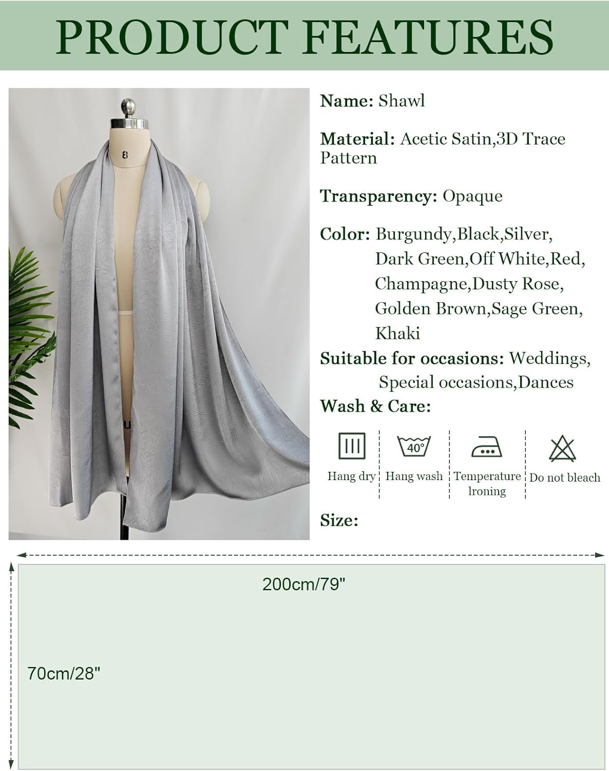 Detalle de BEAUTELICATE Satin Shawl Wrap: Luxurious Double-Sided Pashmina 200 x 70 cm