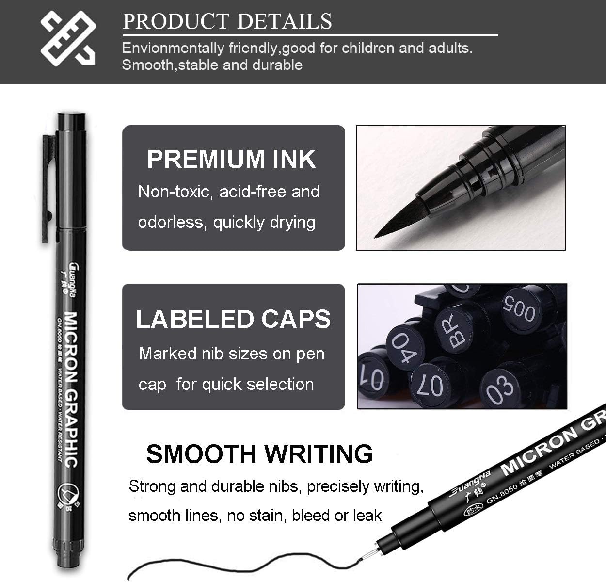 Detalle 2 de Gelanty Black Fineliner Pens Set 12 Pack