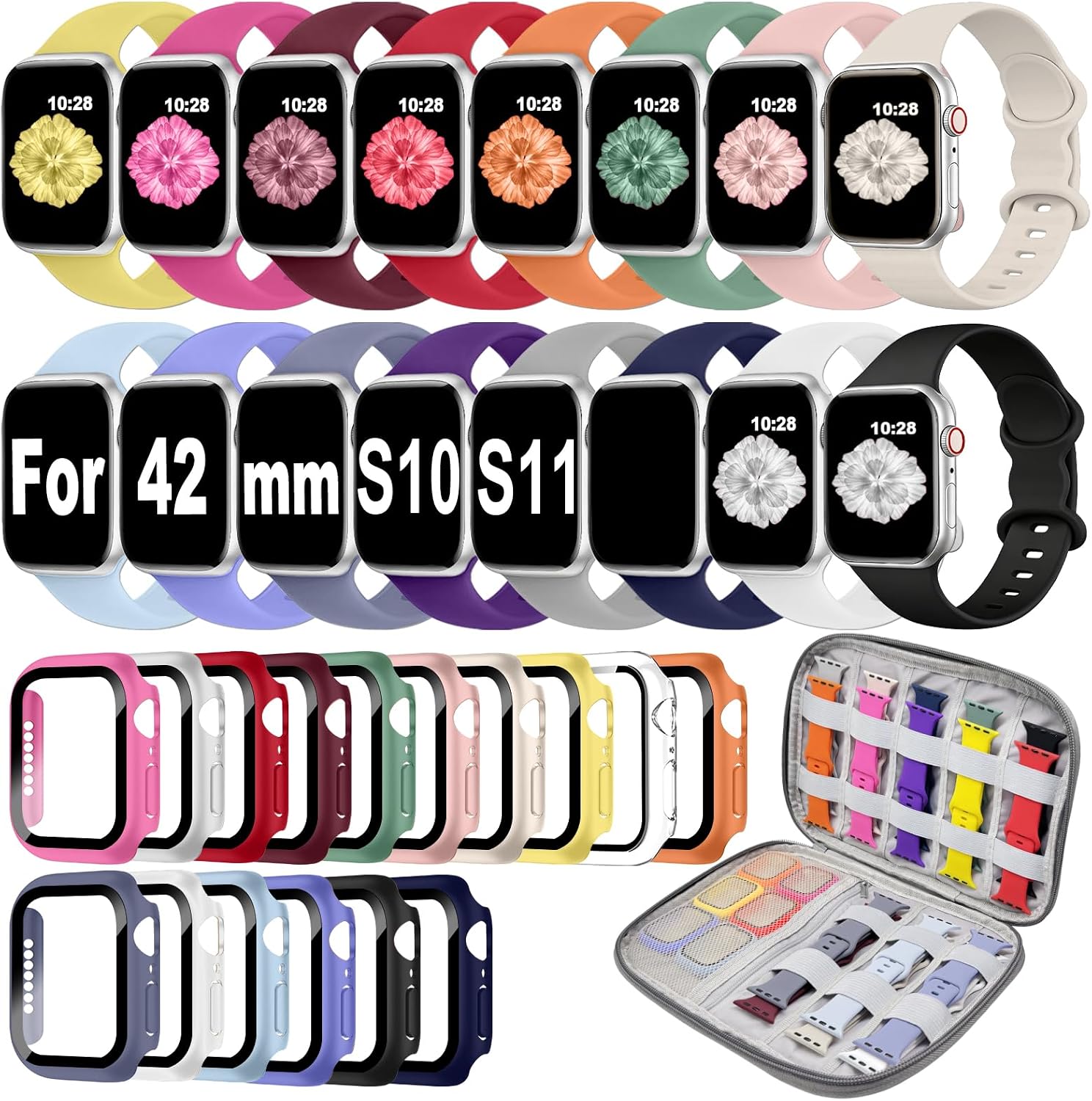 Detalle de 16-Pack Apple Watch Band Set with 42mm Case & Screen Protector — Silicone Bands in Multiple Colors