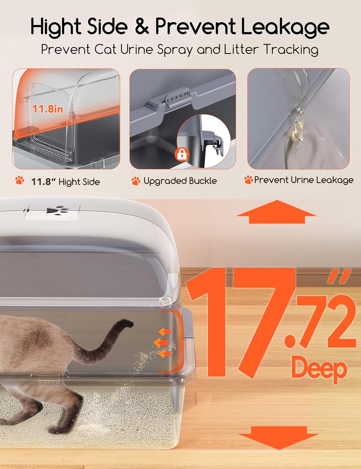Detalle de MeoWant litière XXL fermée en acier inoxydable (forme en U) avec bac amovible, pédale, pelle et tapis antidérapants
