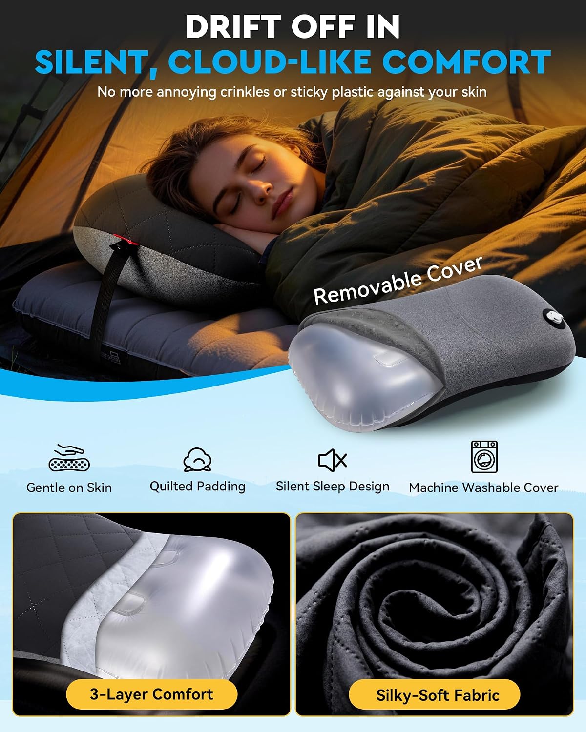 Thumbnail 6 de HIKENTURE aufblasbares Reise-/Camping-Kissen mit abziehbarem Kissenbezug (schwarz) – ergonomisches Nackenkissen fürs Unterwegssein