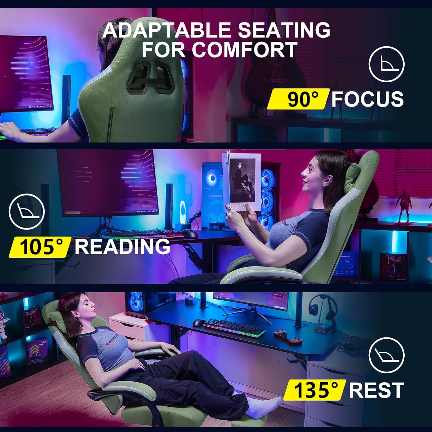 Thumbnail 6 de GTPLAYER LR008 Ergonomic Gaming Chair with Footrest, Reclining, Green