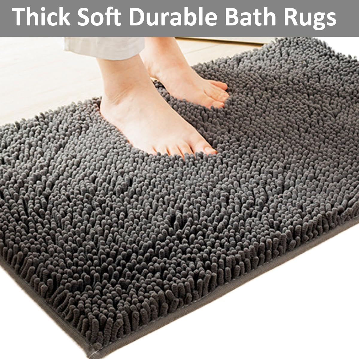 Thumbnail 3 de 3-Piece Chenille Bathroom Rug Set with Non-Slip PVC Backing (Small U-Shape + Large Mats)