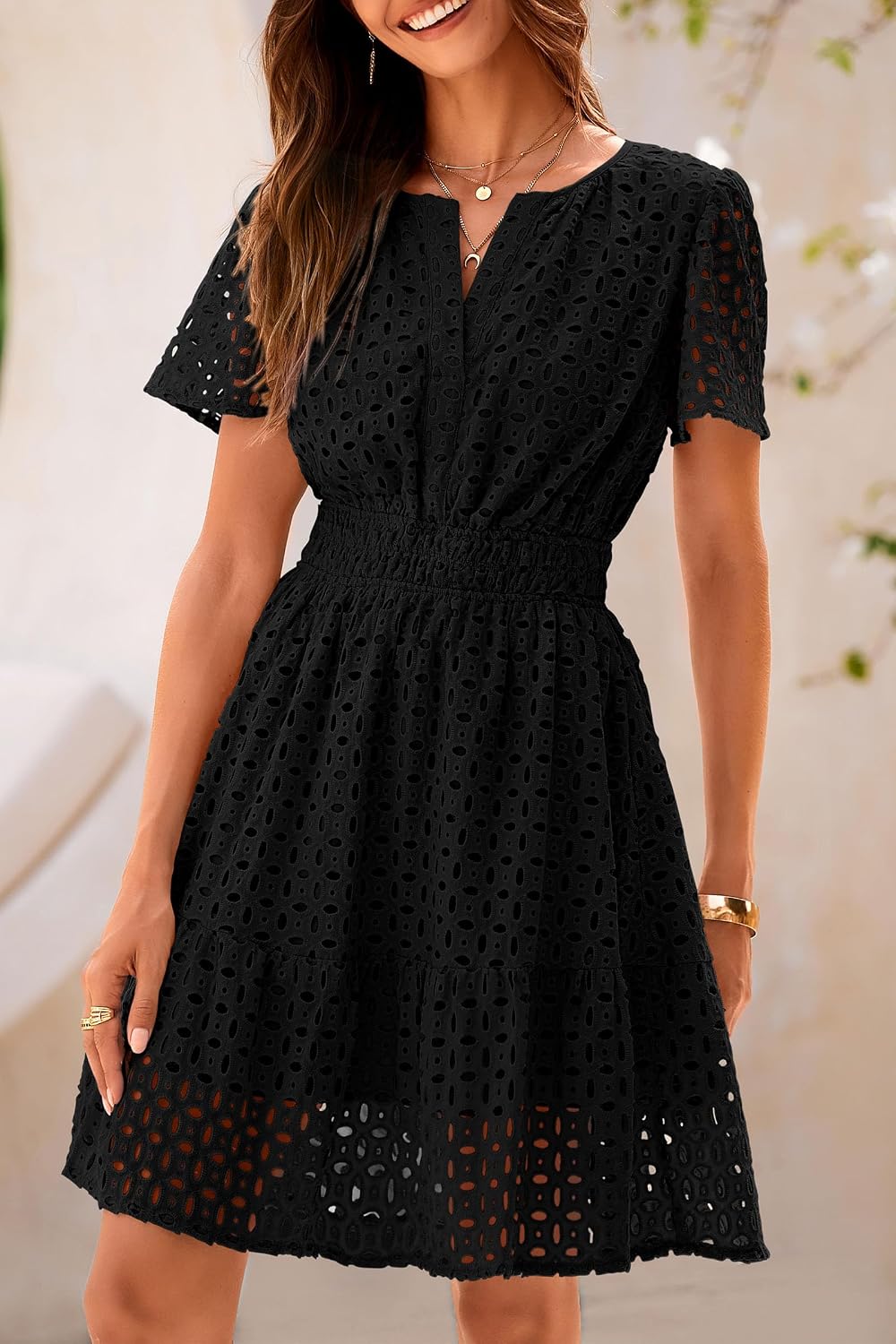 Detalle de PRETTYGARDEN Women's 2026 Summer Short Dress: V-Neck, Lace Hollow Out A-Line
