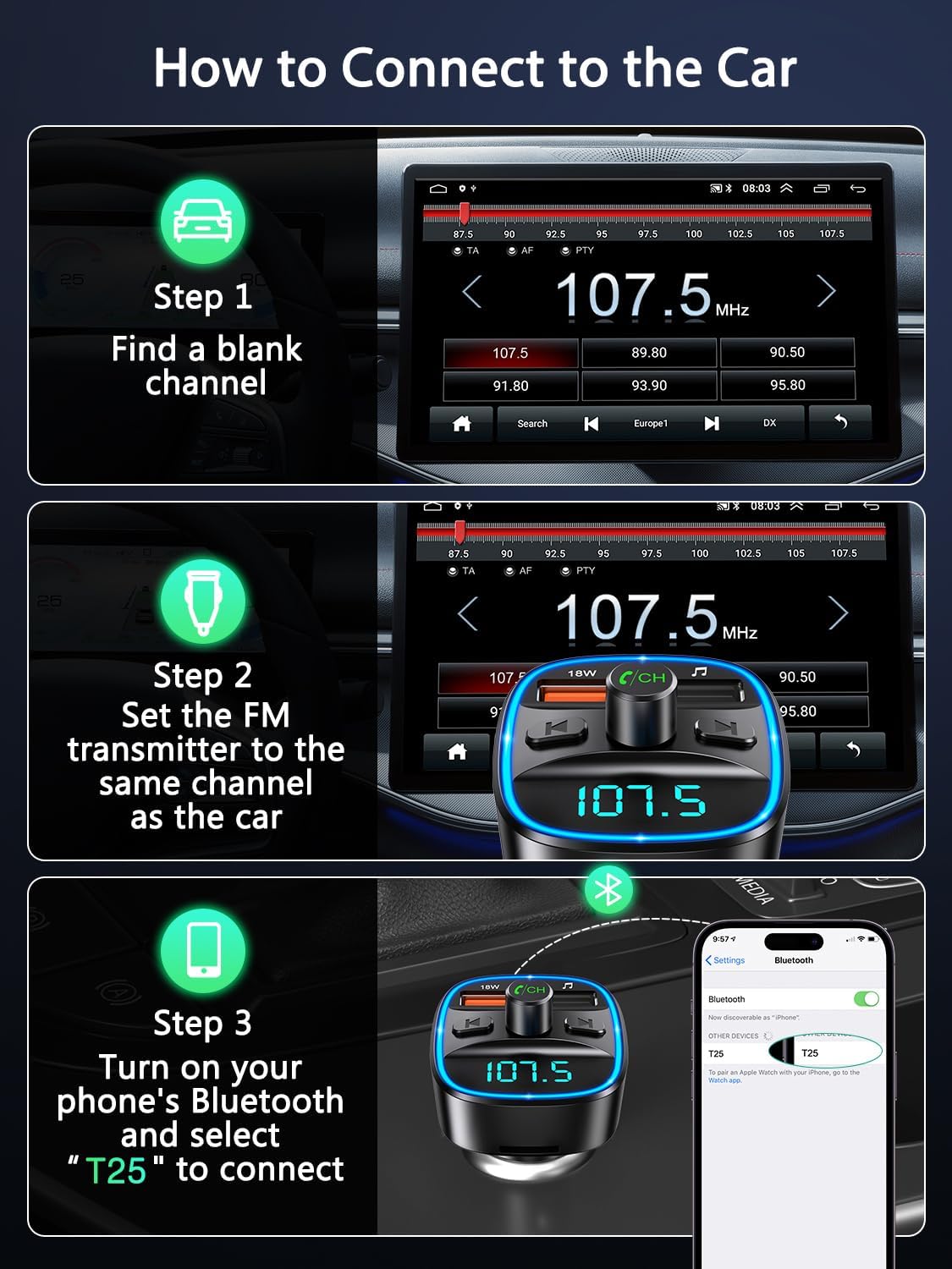 Thumbnail 5 de ORIA Car Bluetooth Adapter 5.3 FM transmitter