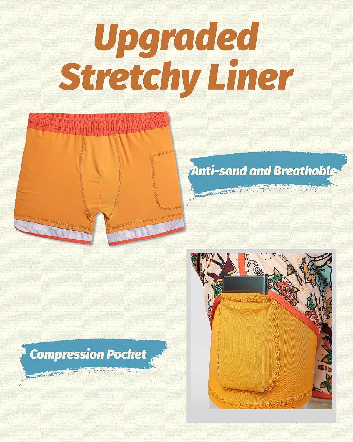 Detalle de maamgic 80s/90s Vintage 5.5" Swim Trunks: 2-in-1 Quick-Dry Board Shorts