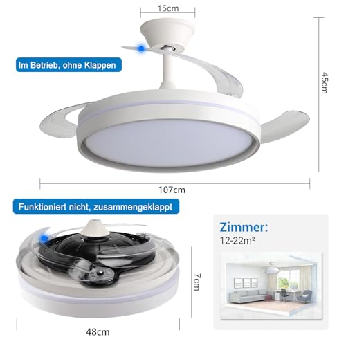 Detalle de EXTRASTAR 106 cm Ventilatore da Soffitto con Luce e Pale Retrattili: Silenzioso, 6 Velocità, Telecomando e Motore DC