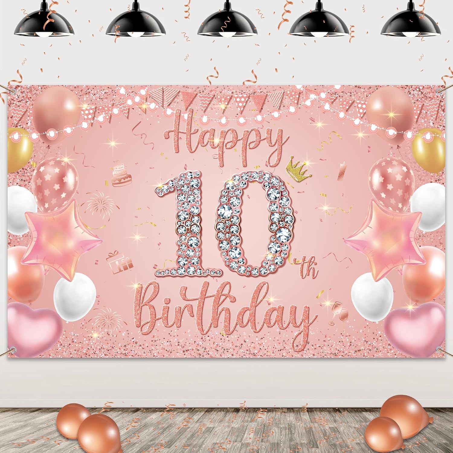 Detalle 2 de Happy 10th Birthday Decorations Banner – Pink Rose Gold Fabric Backdrop for 10th Birthday Party