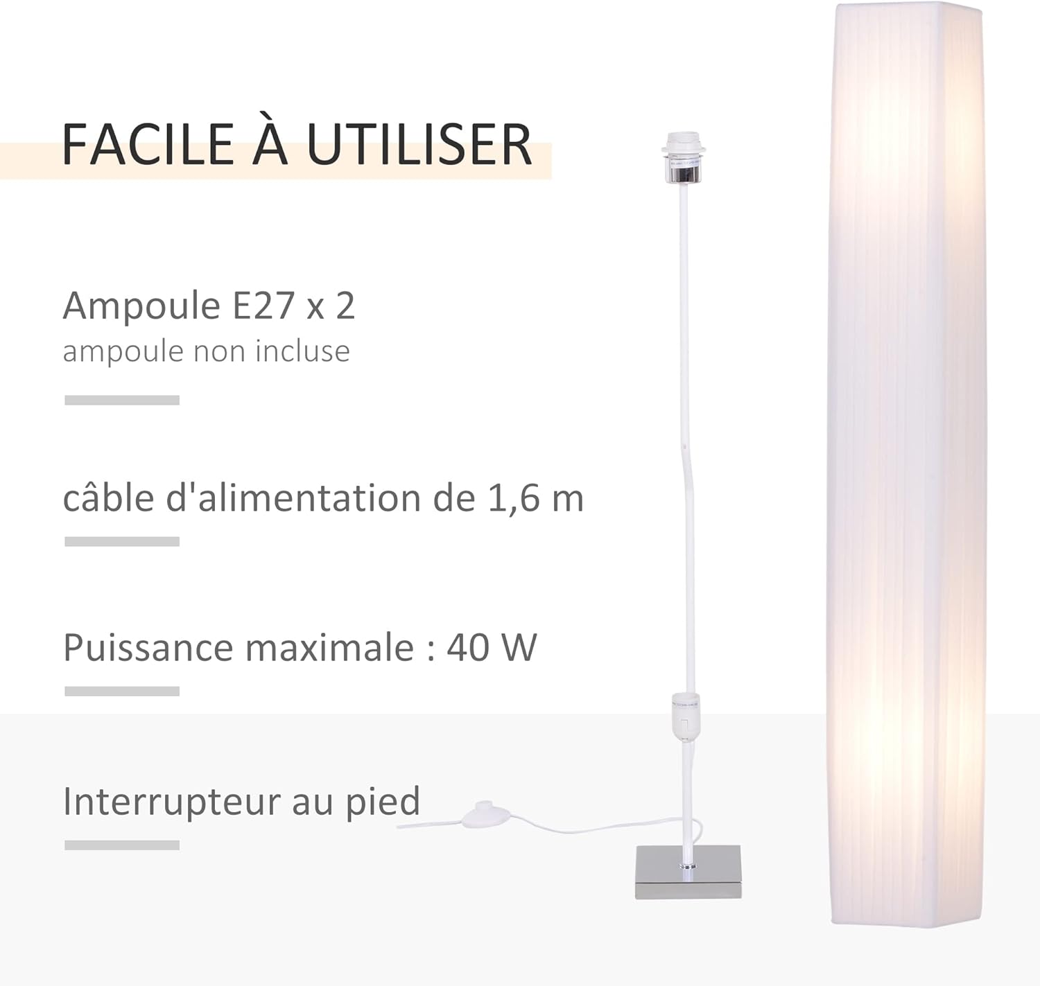 Thumbnail 4 de HOMCOM Lampadaire sur pied moderne 120 cm, abat-jour blanc et interrupteur au pied