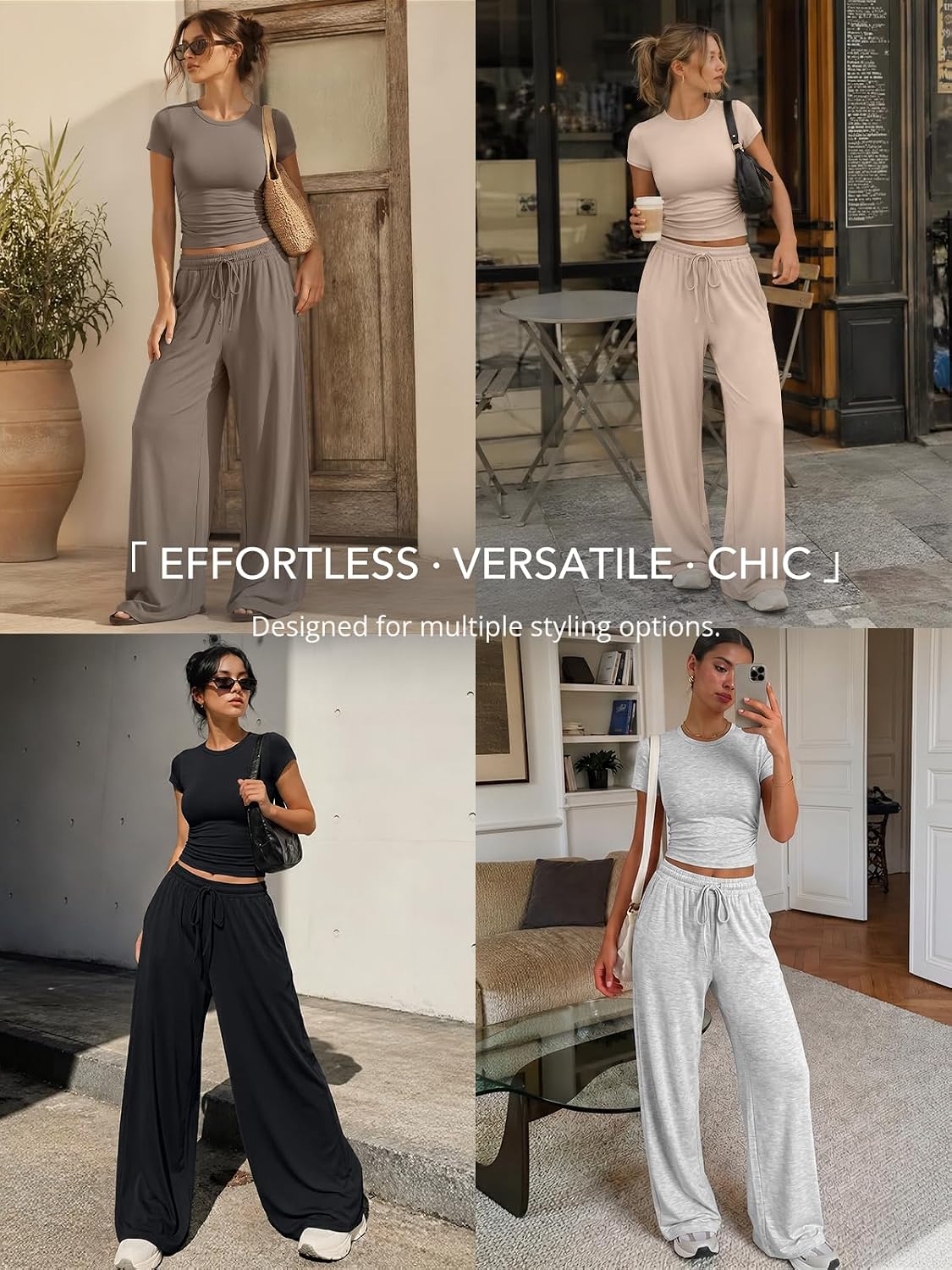 Detalle 2 de Trendy Queen 2 Piece Matching Summer Lounge Set: Side Ruching Top + Wide-Leg Pants