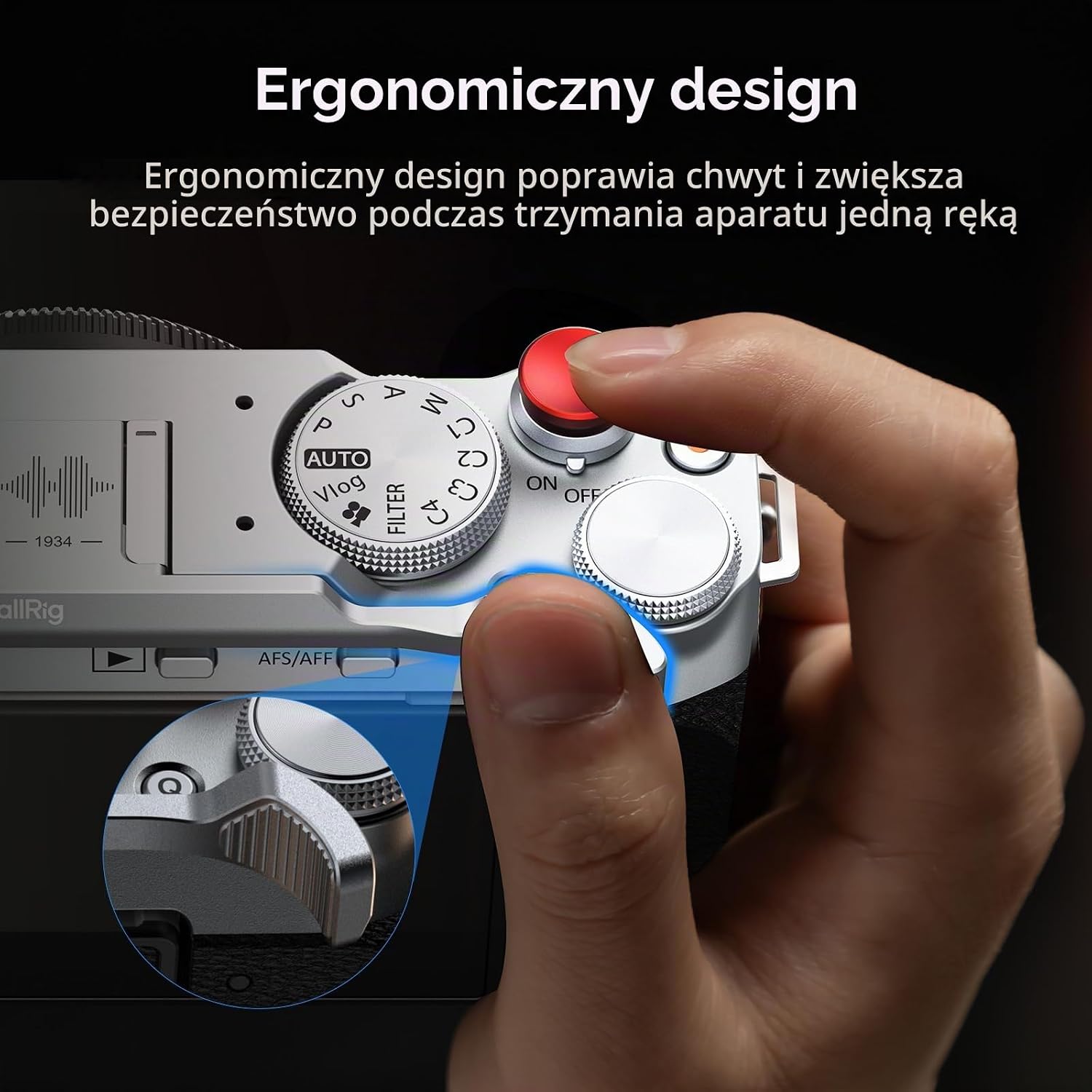 Detalle de SMALLRIG 4877 – srebrny uchwyt kciuka do FUJIFILM X-M5 z przyciskiem migawki