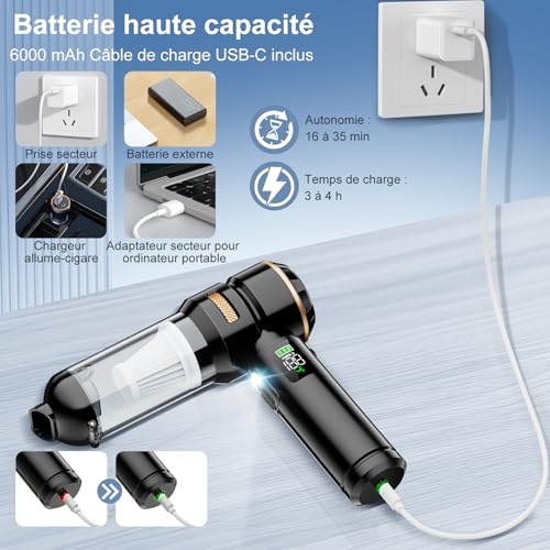 Detalle de Aspirateur Voiture Aurvite 4 en 1 sans fil — Puissance 32 000 Pa, LCD et 3 vitesses