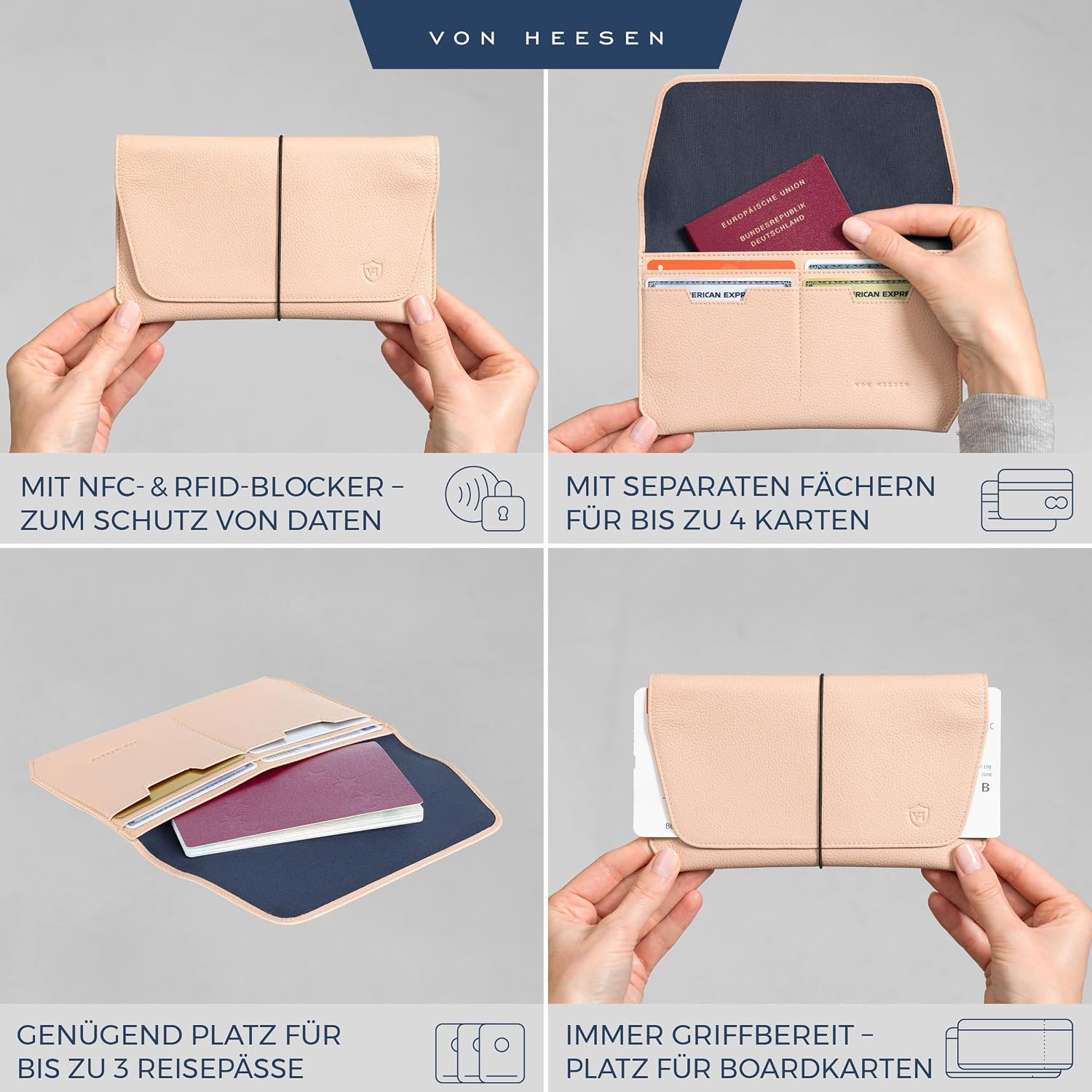 Detalle de VON HEESEN Leder-Reisepasshülle mit RFID-Schutz – Passport-Organizer aus echtem Leder in Rose