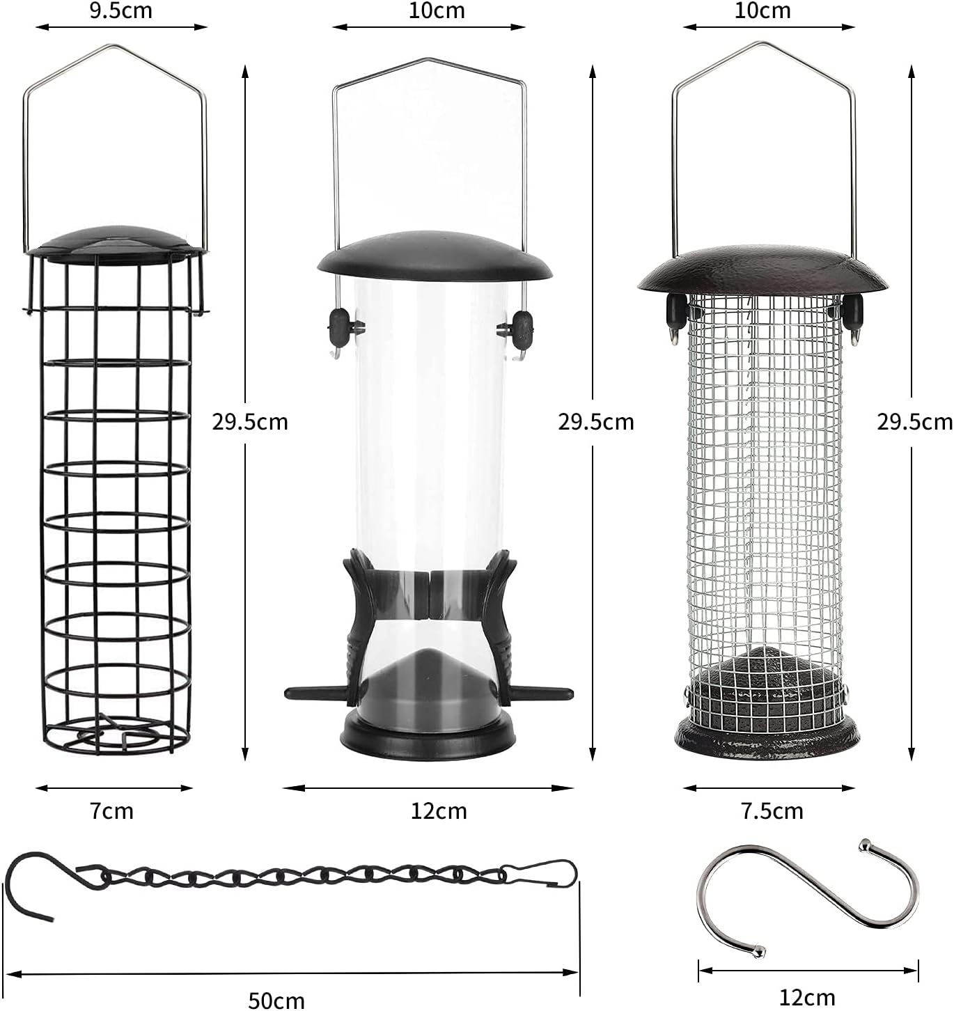 Thumbnail 1 de Bird Feeders Hanging set of 8 with mesh, tube and fat ball feeders plus bonus hooks and chain