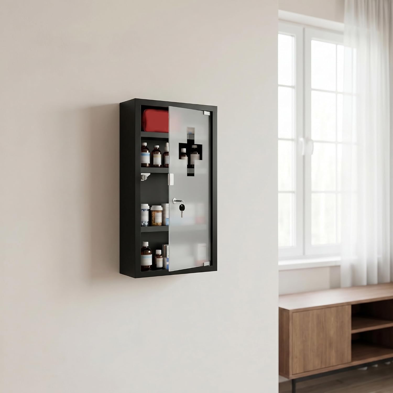 Detalle 2 de Suusolny Suu001-999 medicijnkast, zwart, 4 vakken en afsluitbare glazen deur