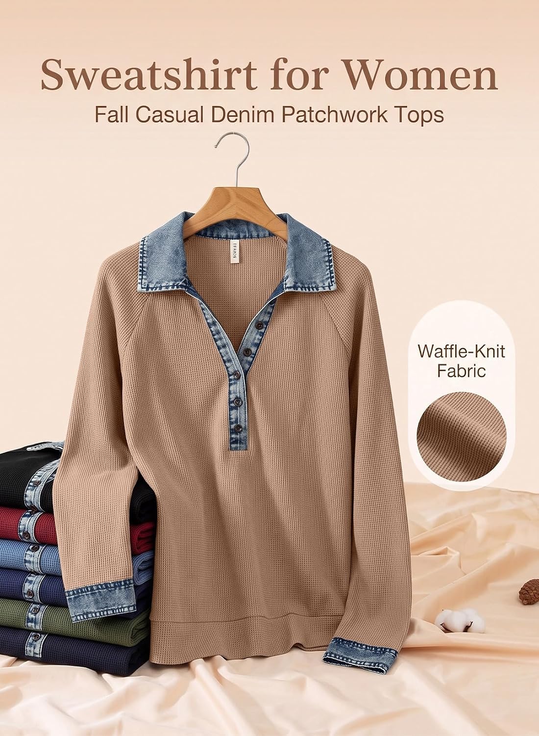 Detalle de EVALESS Waffle Denim Patchwork V-Neck Pullover Sweatshirt, Women's Long Sleeve