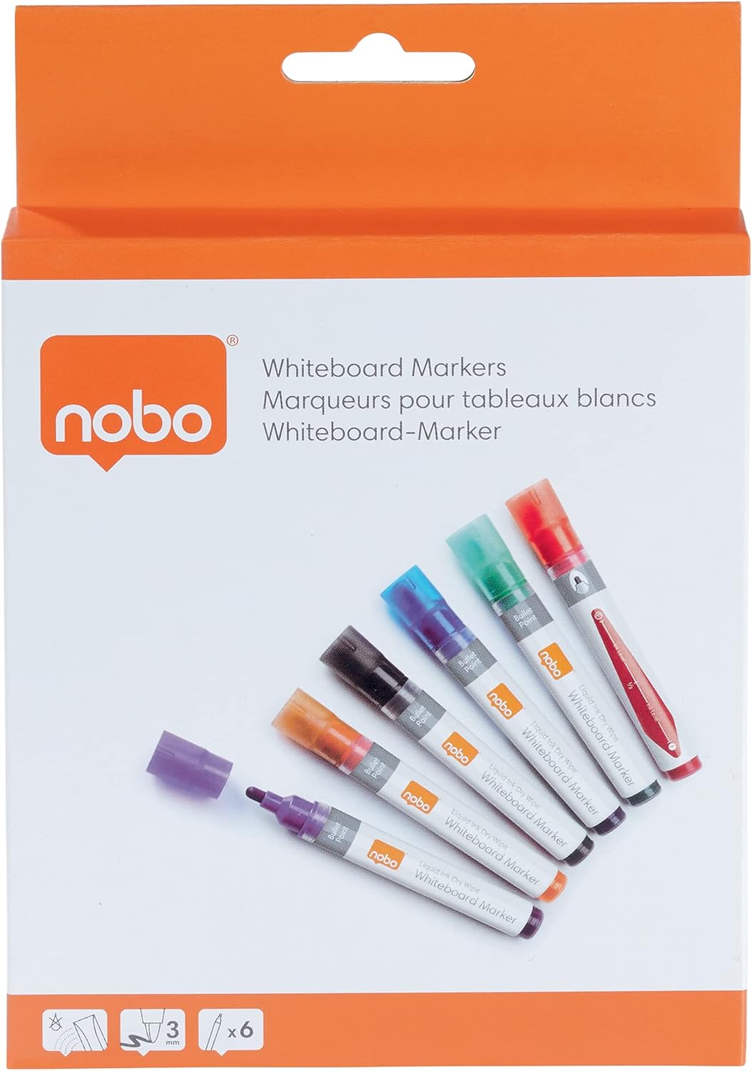 Thumbnail 6 de Nobo Liquid Ink Drywipe Whiteboard Pens, 3 mm Bullet Tip – Pack of 6, Coloured