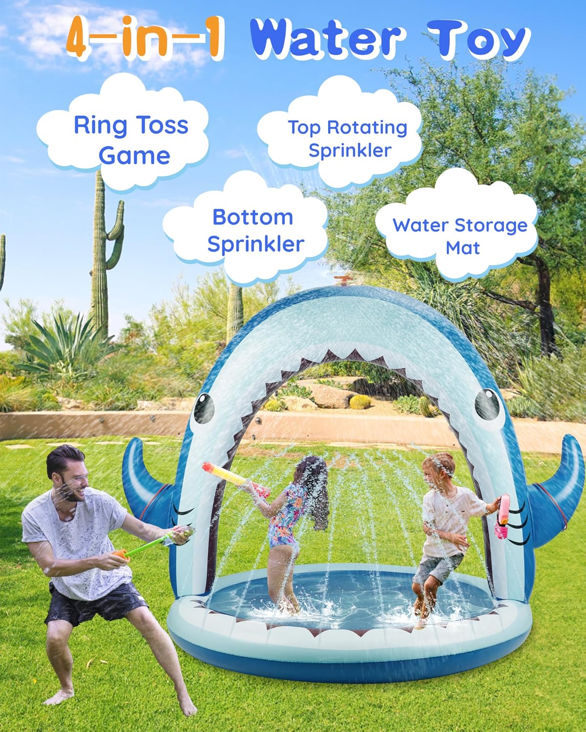 Thumbnail 2 de Gleamkid Splash Pad 4-In-1 Inflatable Shark Water Toys: A practical outdoor sprinkler with Ring Toss for UK summer fun
