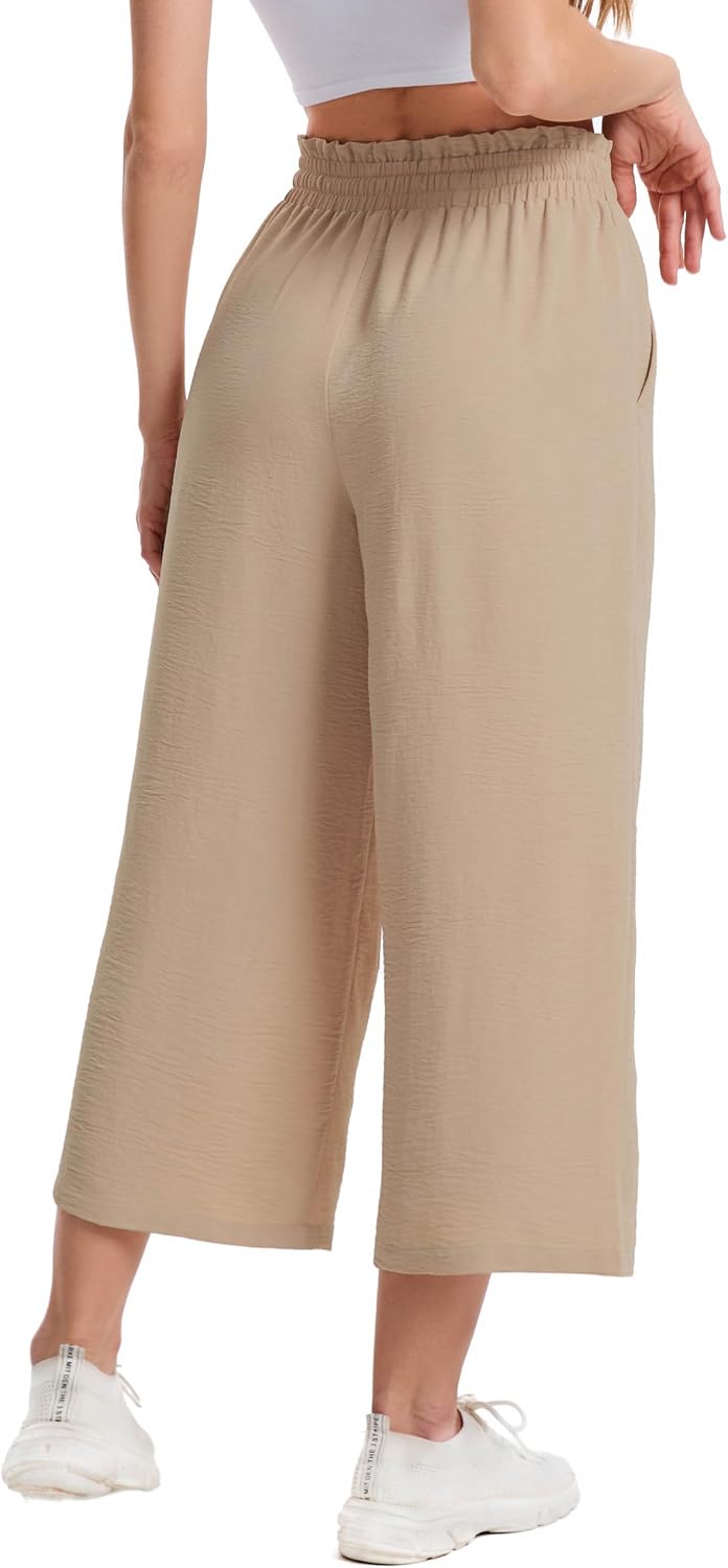 Thumbnail 2 de WUWUSKY Womens Capri Pant Wide Leg Trousers with Pocket — Elasticated High Waist Summer Linen-Feel Comfort