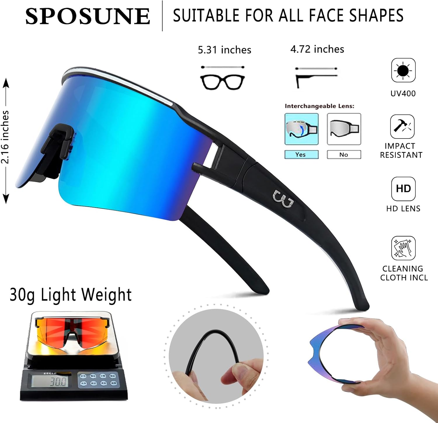 Thumbnail 3 de SPOSUNE Polarisierte Fahrradbrille mit 3 austauschbaren Gläsern (TR90) – für Frauen & Männer