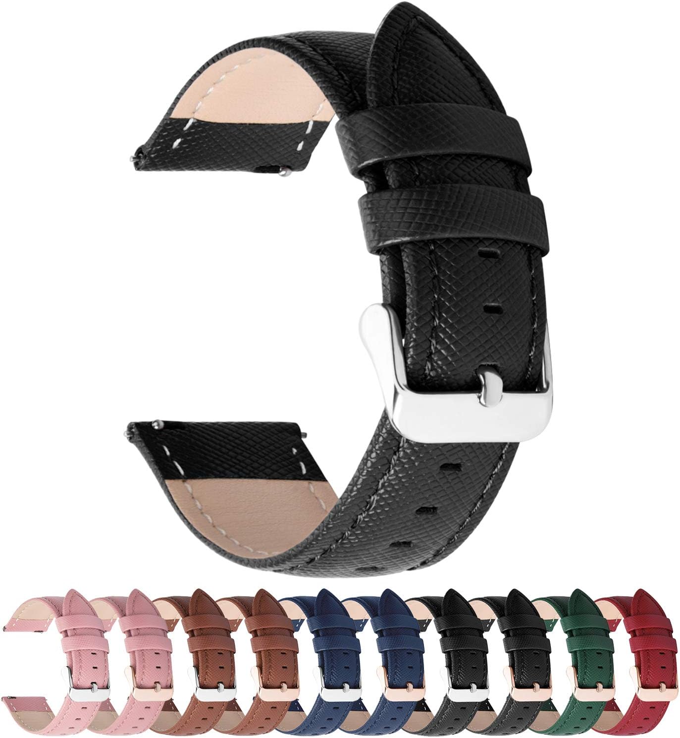 Detalle de Fullmosa Uhrenarmband 22 mm Cross Lederarmband (schwarz + silberne Schnalle) für 22-mm-Federstege