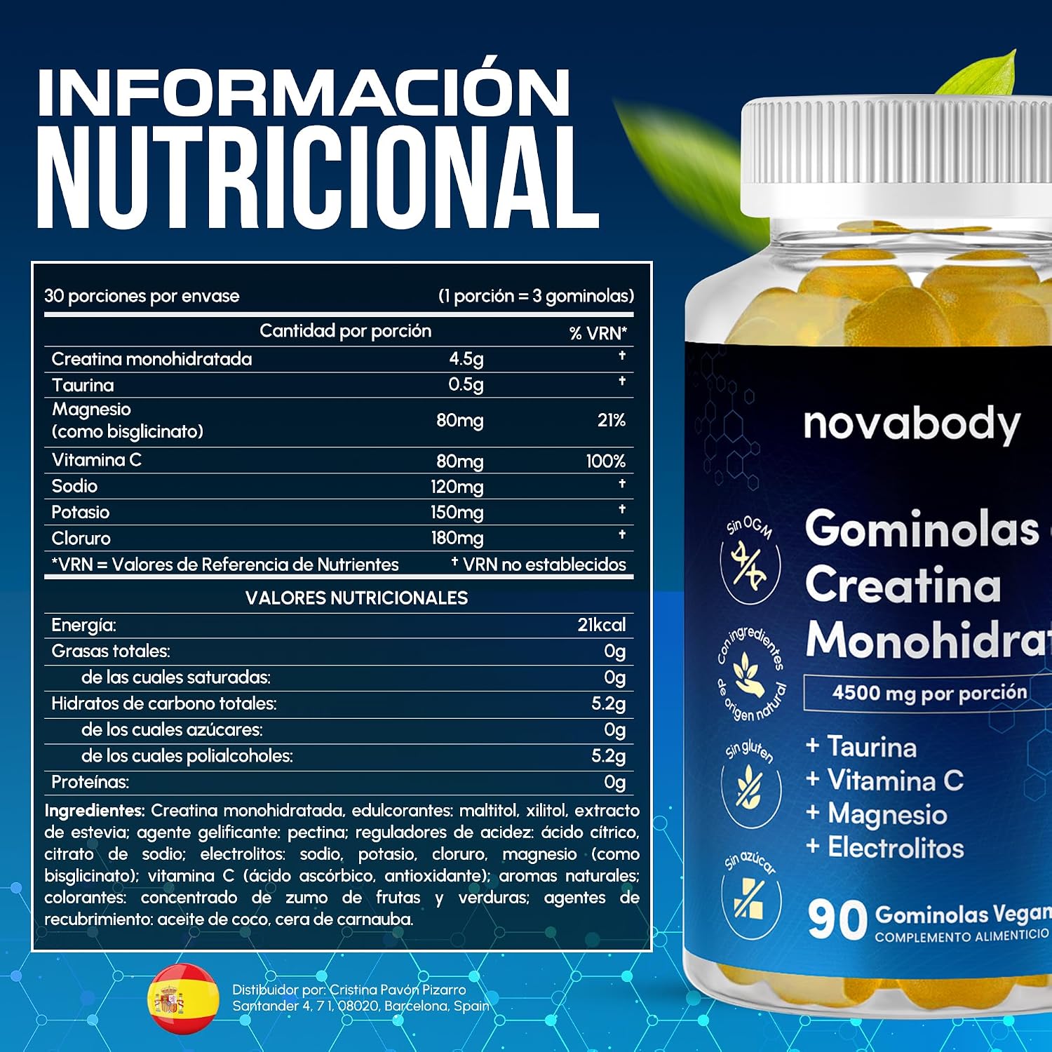 Thumbnail 4 de Gominolas de Creatina Monohidrato 4500 mg – Novabody, con Taurina, Magnesio y Vitamina C, 90 gummies (Veganas, Sin Azúcar)