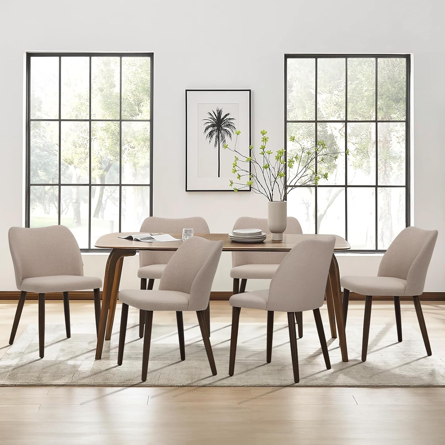 Thumbnail 4 de COLAMY 3008 Upholstered Dining Chairs, Set of 6, Camel Fabric, Rubberwood Legs