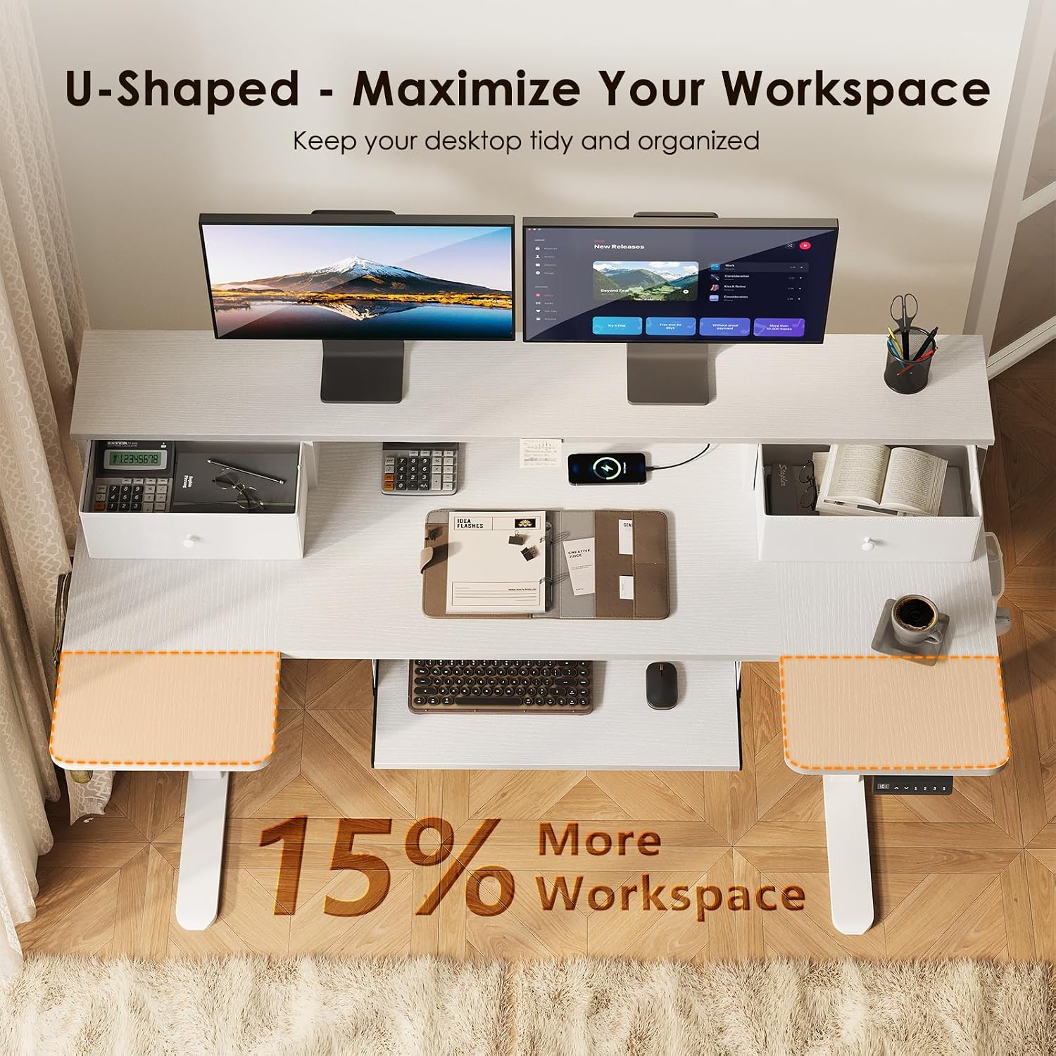 Detalle 2 de OffiGo 55-Inch U-Shaped Standing Desk with Drawers, Keyboard Tray, and Power