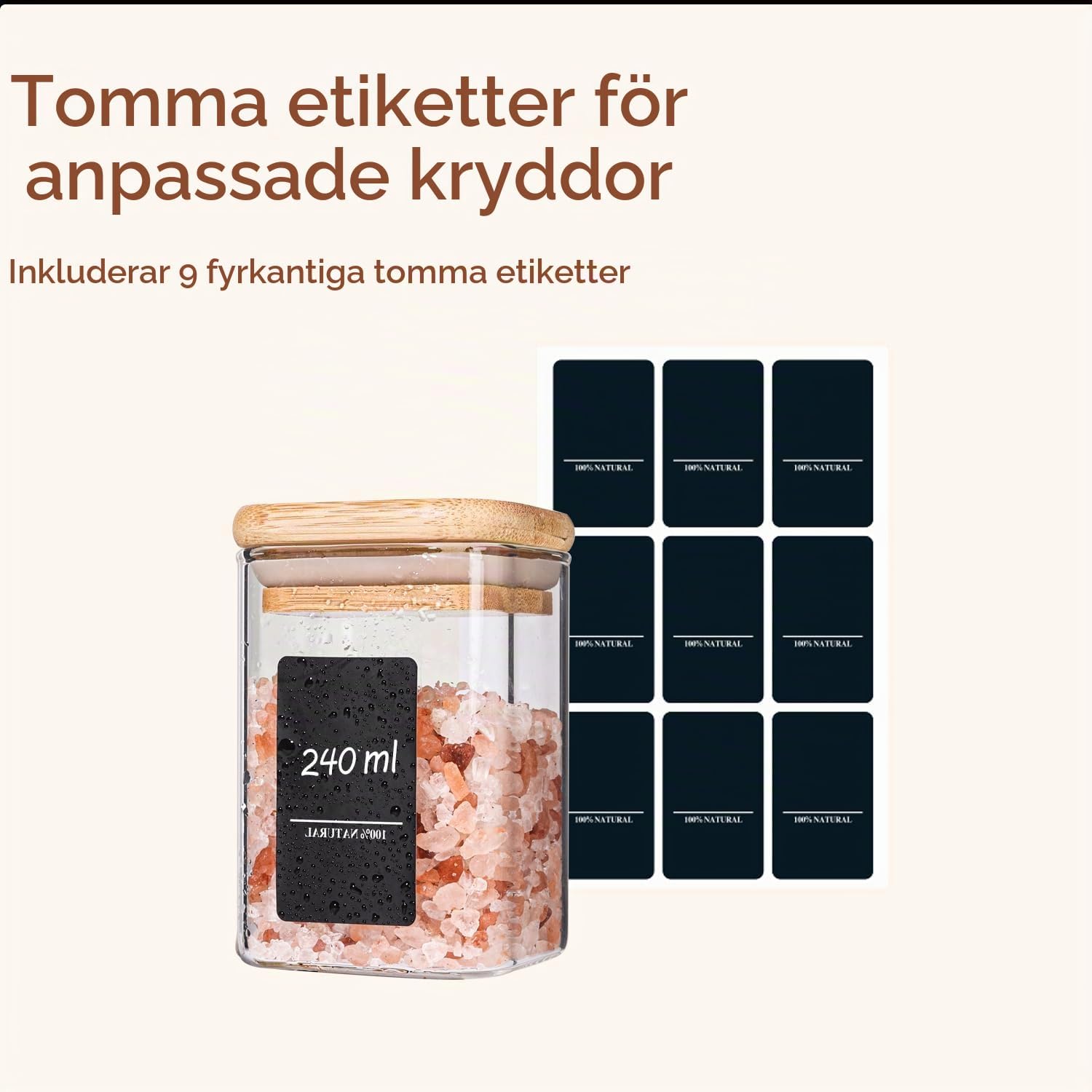 Thumbnail 4 de ComSaf kryddburkar i glas, 240 ml, 6-pack med bambulock och fyrkantig form