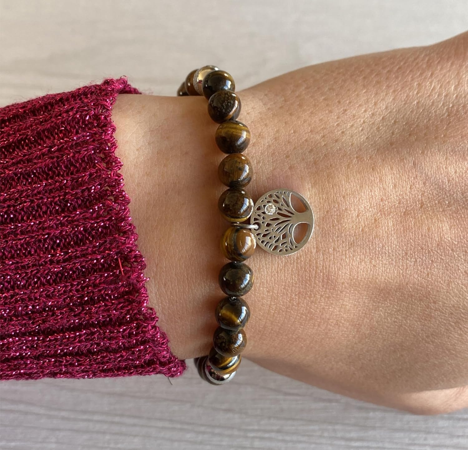Detalle de 10:10 Bracciale Donna in Pietre Naturali 6mm e Acciaio Inox Anallergico – Albero della Vita, Zircone e Ciondolo Regolabile