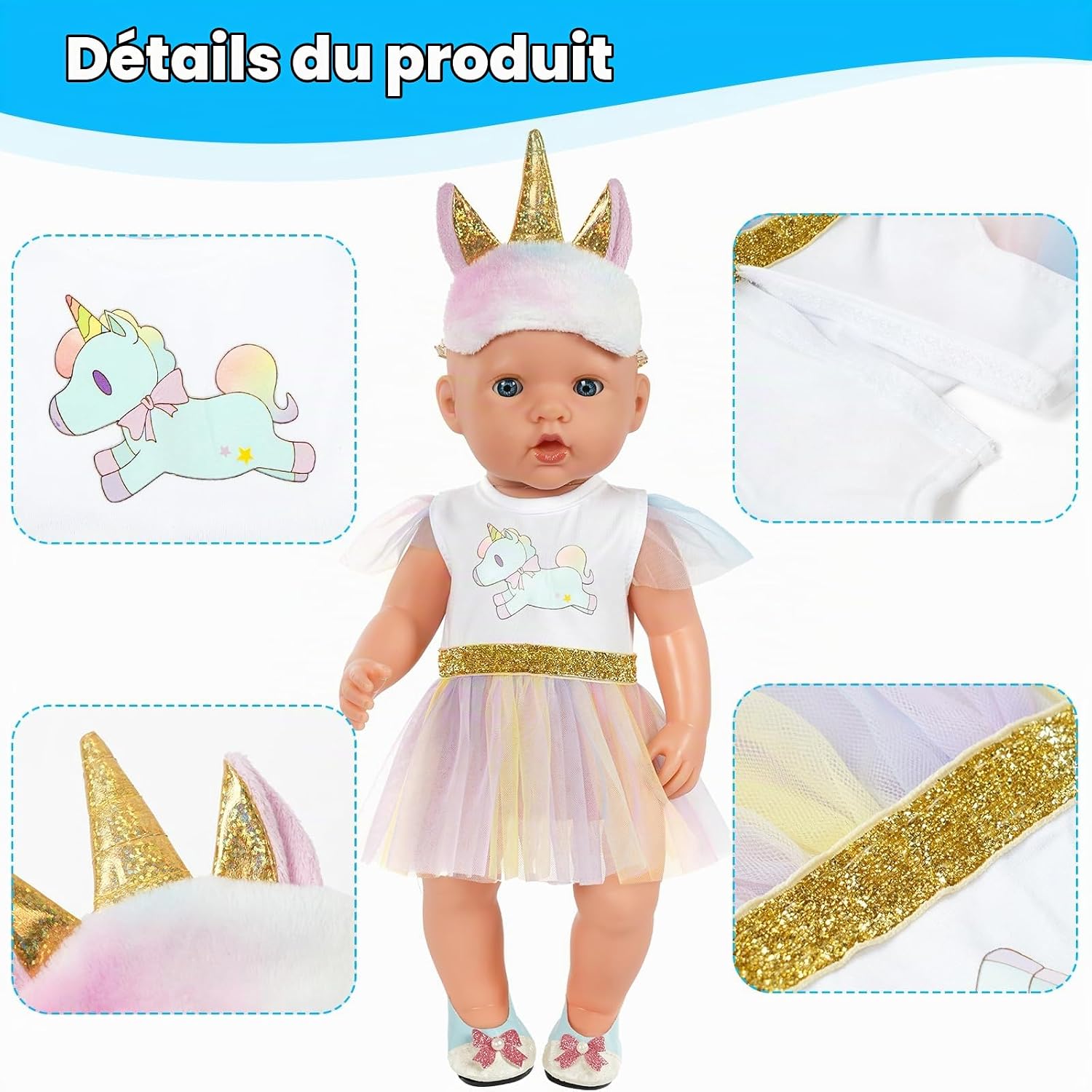 Detalle de Aolso B0C6XKRH9T poppenkledingset voor 35-45 cm, jurk en capuchon