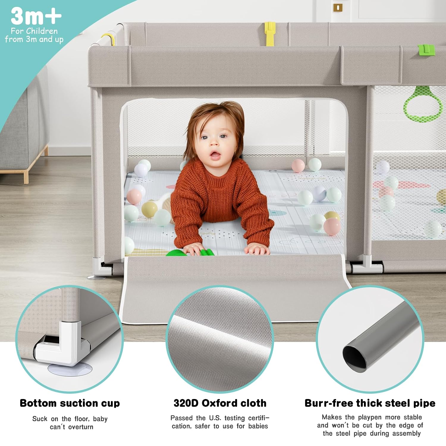 Thumbnail 4 de Uanlauo 150x150cm Laufstall mit Spielmatte – XXL Aktivitätsbereich für Baby und Kleinkind