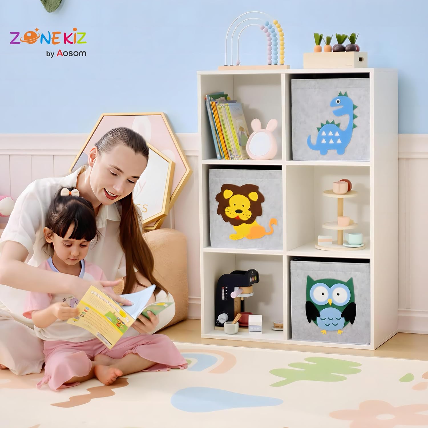 Detalle 2 de ZONEKIZ Meuble de Rangement pour Enfant – Bibliothèque à 6 compartiments avec cubes en tissu motif animaux