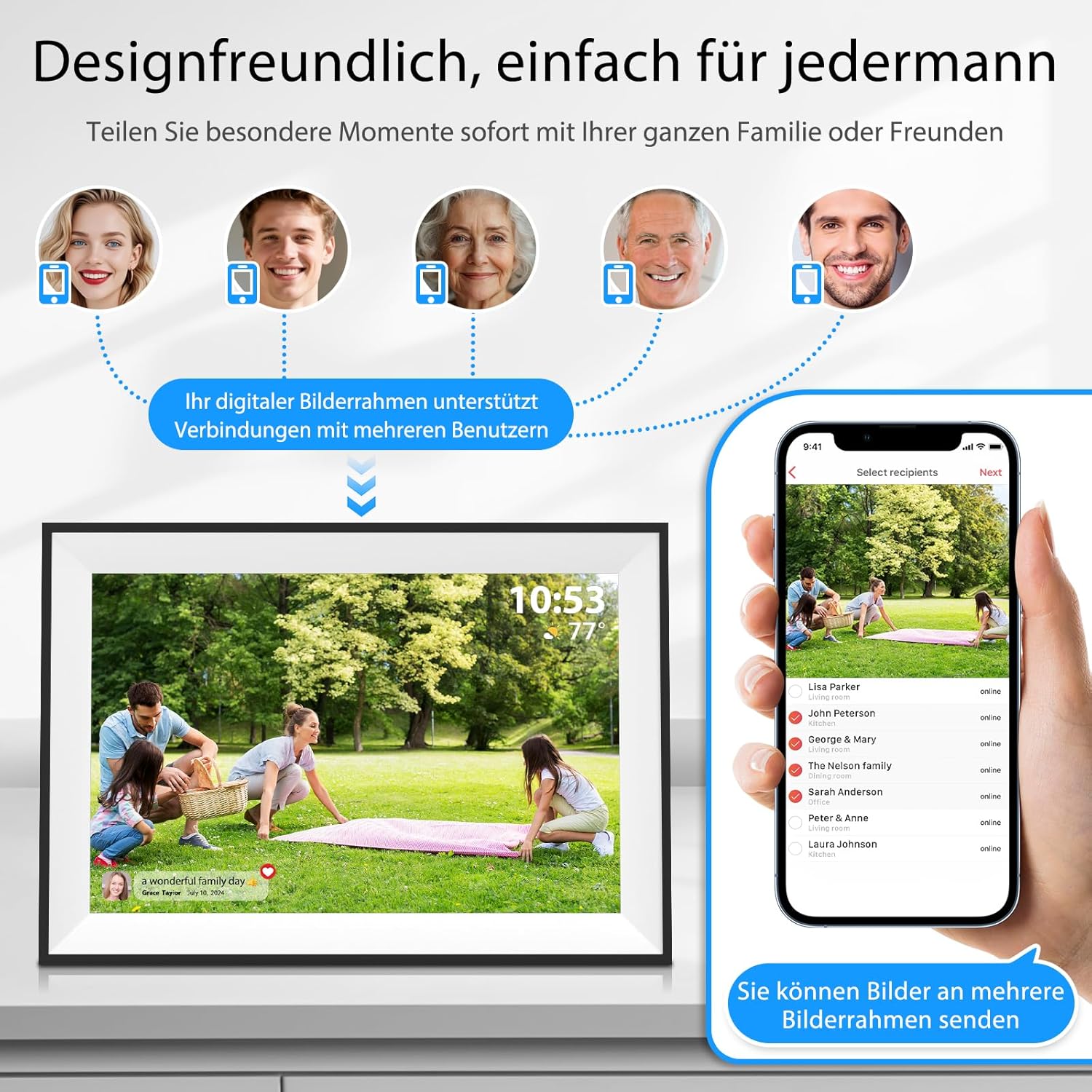 Detalle 2 de Frameo Digitaler Bilderrahmen WLAN 10,1 Zoll – 32 GB, 1280x800 IPS Touchscreen, automatische Drehung, Wandmontage, App-Sharing