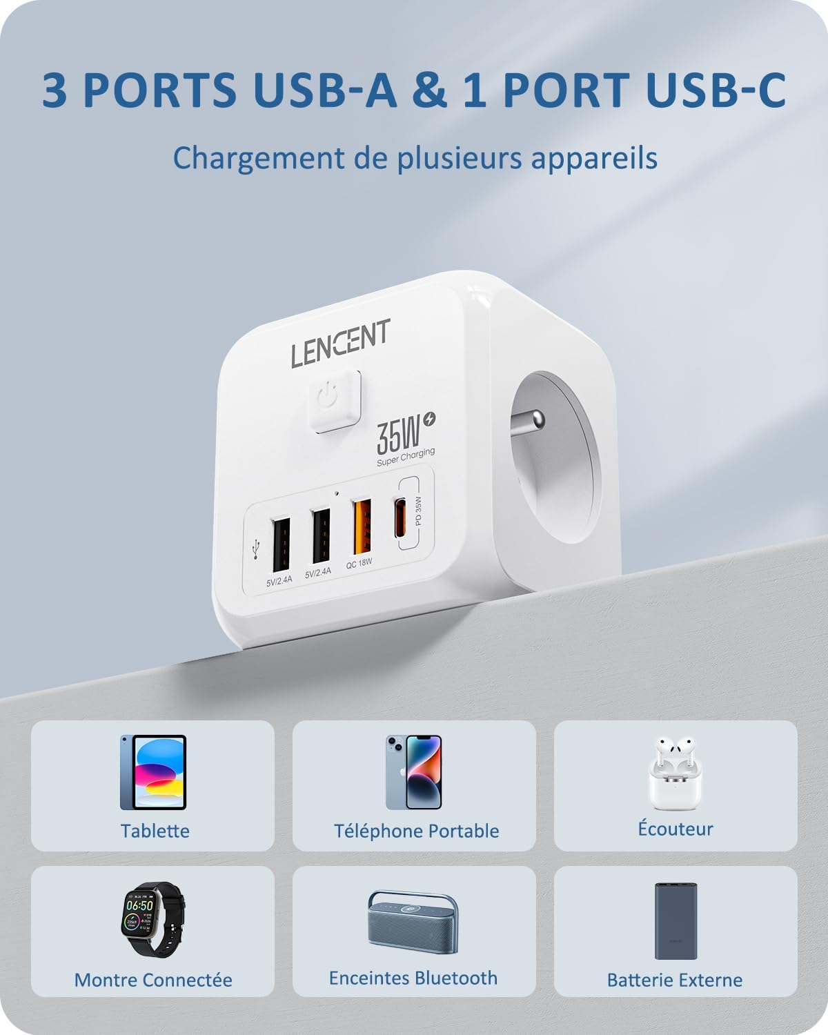 Thumbnail 3 de LENCENT Prise USB Secteur PD35W 7 en 1