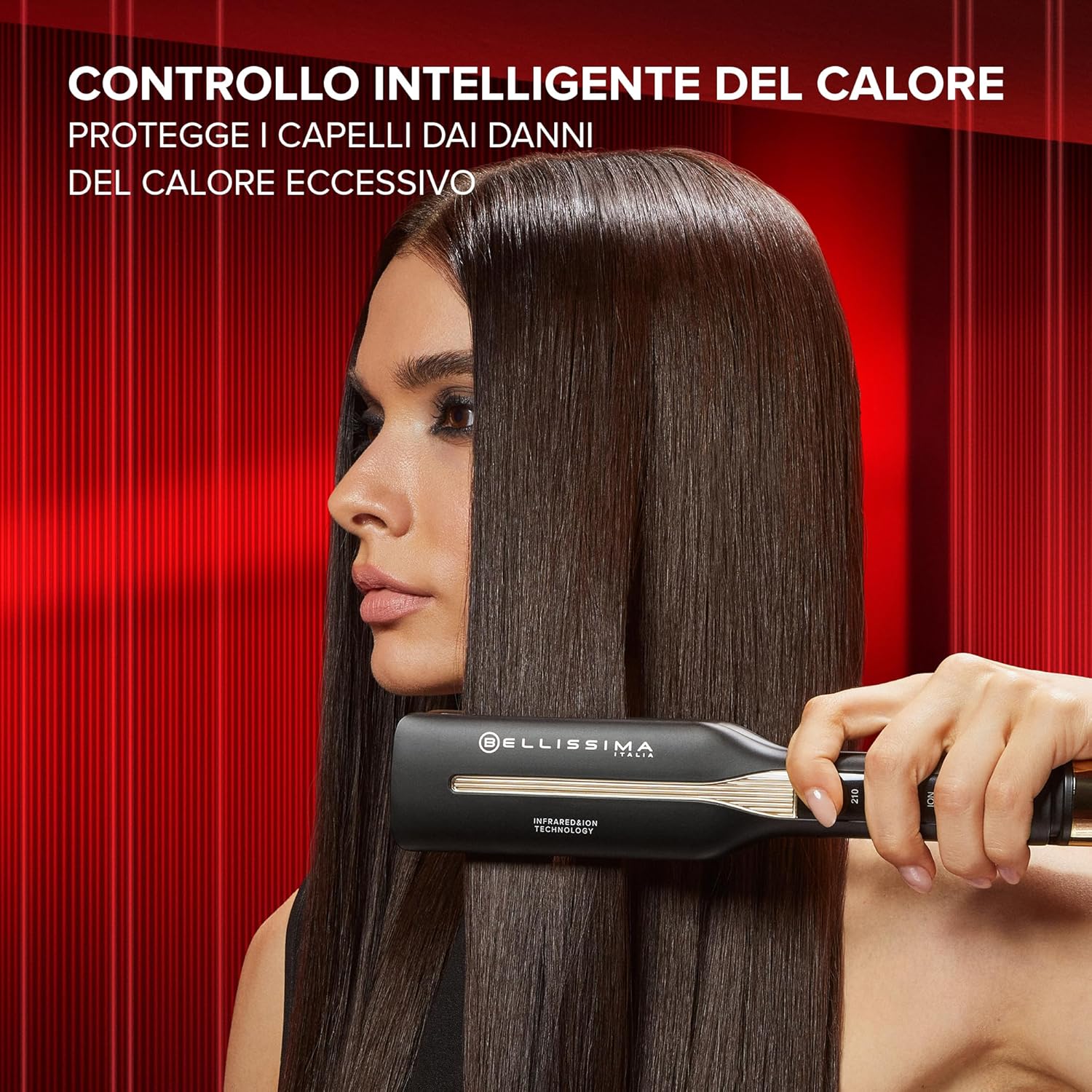 Detalle de Bellissima Imetec Absolute: piastra professionale 4XL con infrarossi, ioni e controllo del calore