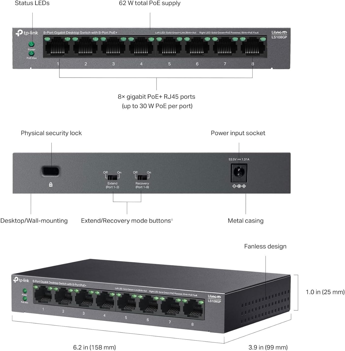 Detalle de TP-Link LS108GP PoE+ 8‑Port Switch 🖧